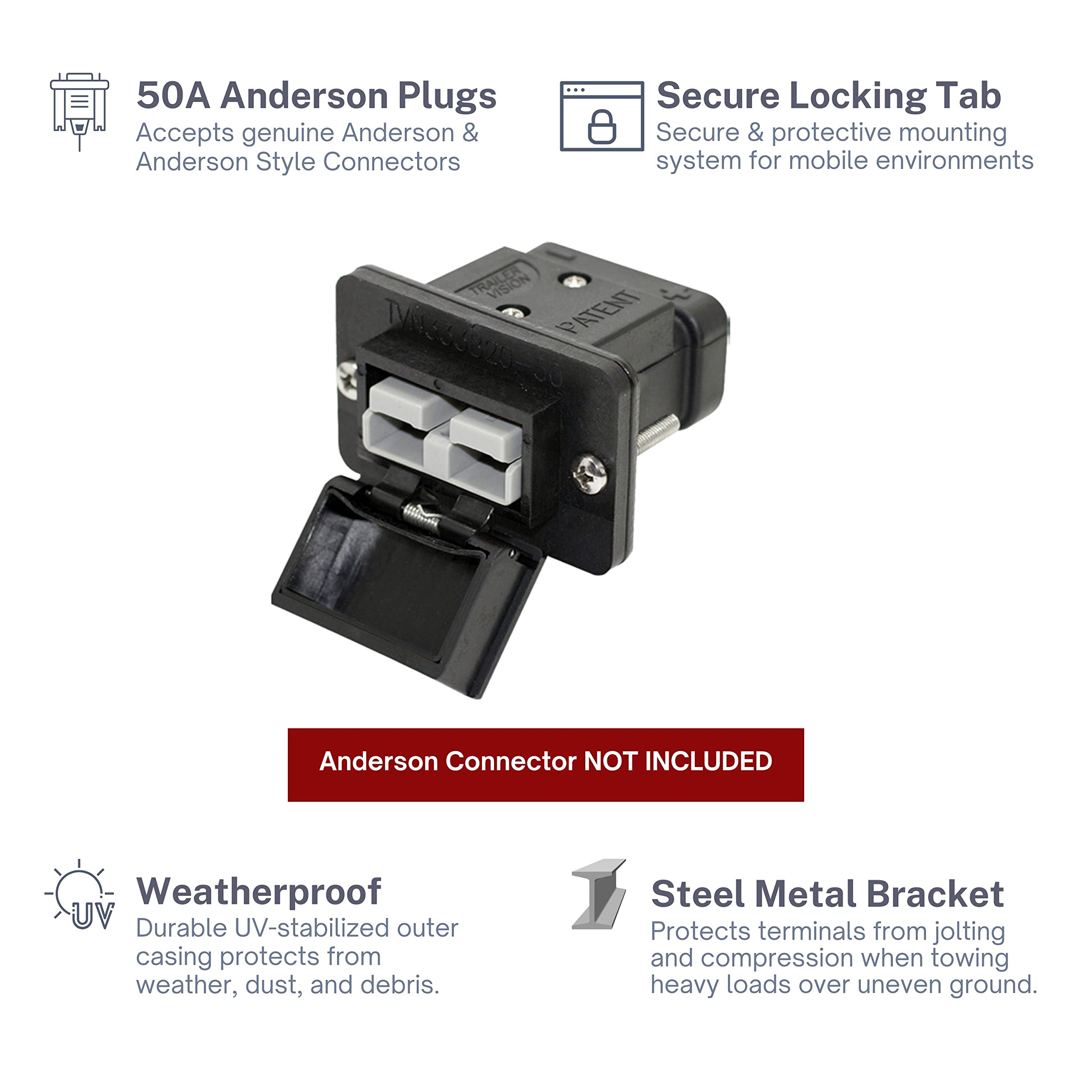 Trailer Vision 50 Amp Anderson Connector Flush Mount - SB50 Protective Case Fits 6-12 AWG Battery Plug Cover for Towbar Trucks Golf Cart Cables 4WD Industrial Marine Trailers - 50A with Metal Bracket
