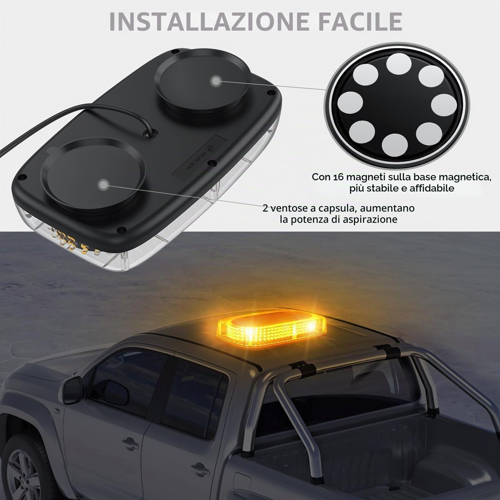 Justech 240 LED Lampeggiante Arancione LED Strobo Spia 12V Luci Lampeggianti Emergenza Fari Stroboscopiche con Base Magnetica e Doppia Interruttore per Auto Rimorchio Camion Furgone Van Caravane