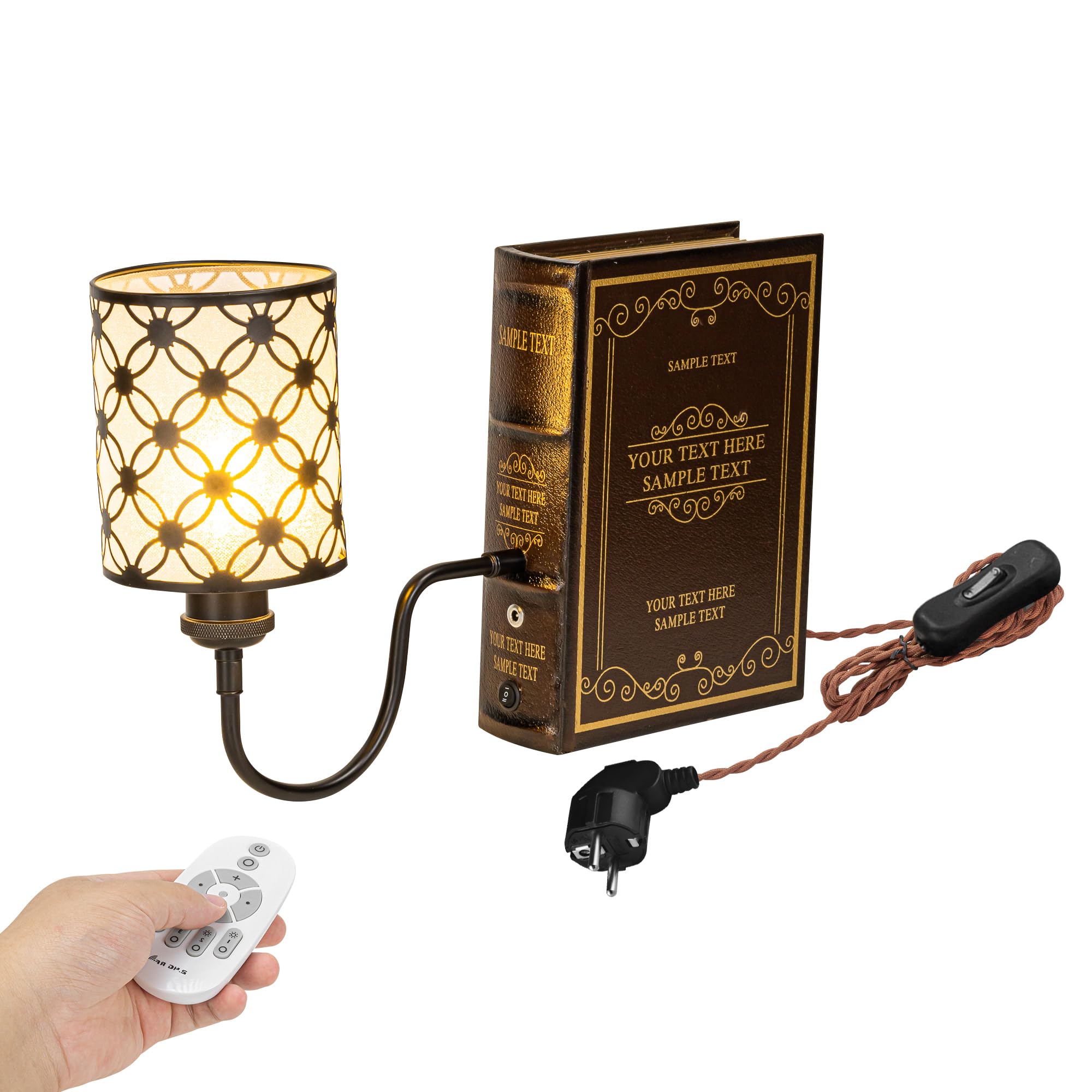 LED Buchlampe mit Fernbedienung, Vintage Dimmbar Nachttischlampe mit Eisen Lampenschirm 1xE27-Fassung und 2.5m Kabel, Dekorative Tischleuchte für Nachttisch Beistelltisch DZ0473