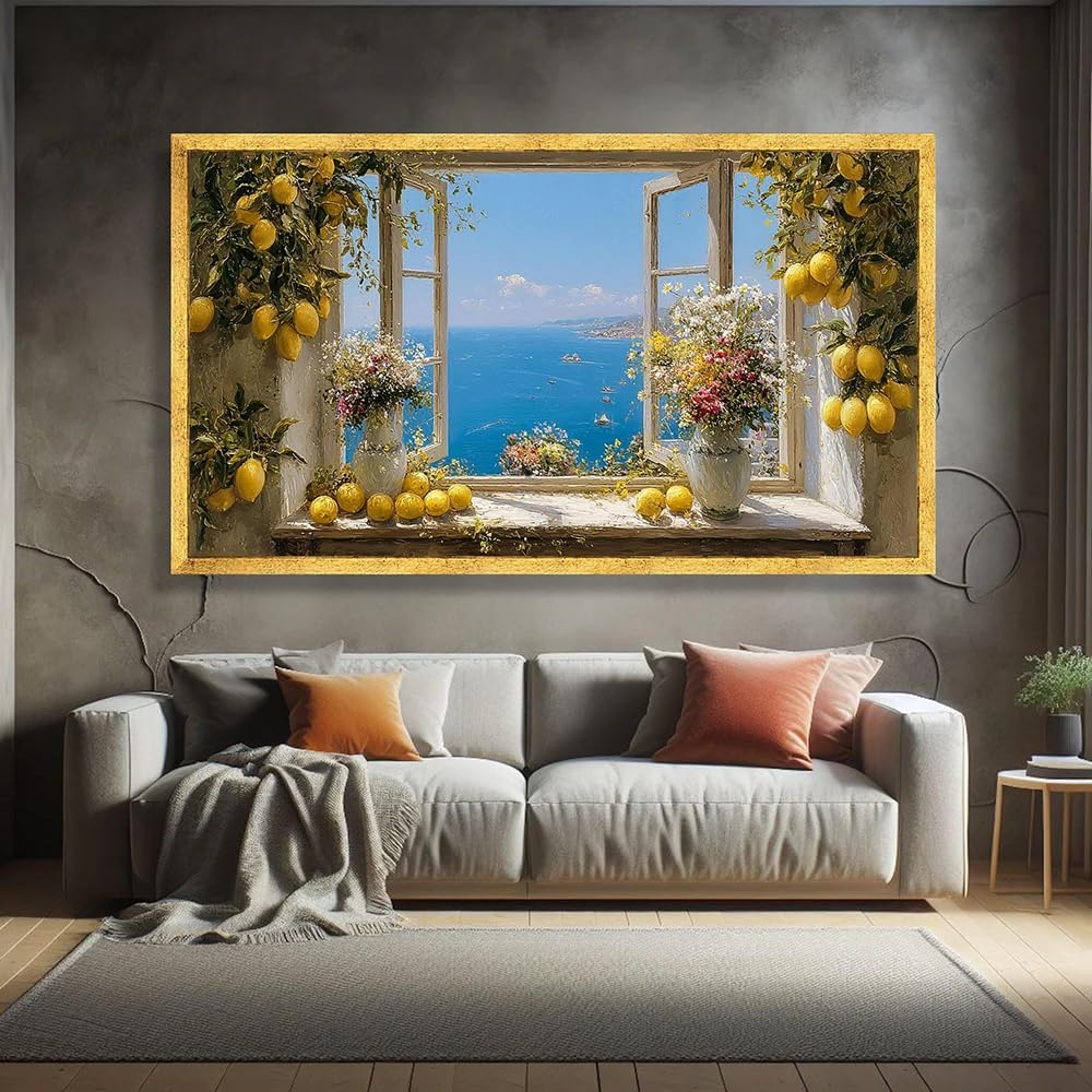 GKUVBF Tableau sur toile représentant une vue de la mer Méditerranée, une nature morte avec un citronnier et des fleurs, fenêtre ouverte, décoration intérieure côtière (90x180cm/sans cadre)