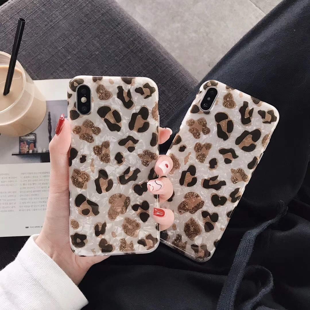 Dailylux Case for iPhone Xs (2018) / iPhone X (2017) 5.8-inch, Cute Phone Case Glitter Pearly-Lustre Slim Shell Protective Soft TPU Back Cover for Girls Women, Leopard White