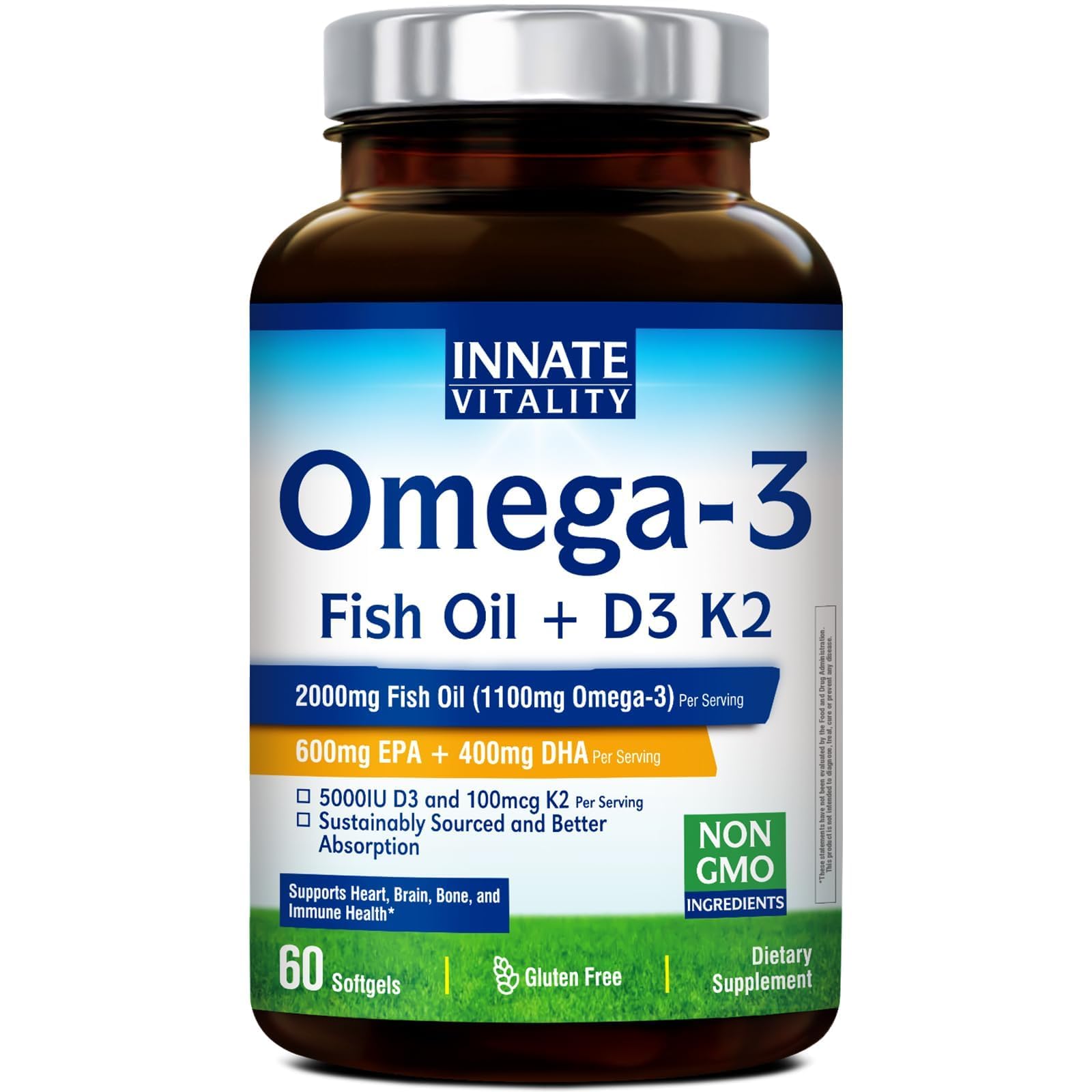 Innate Vitality Omega 3 Fish Oil Supplement, 2000mg Fish Oil Per Serving Unflavored 60 Count (Pack of 1)