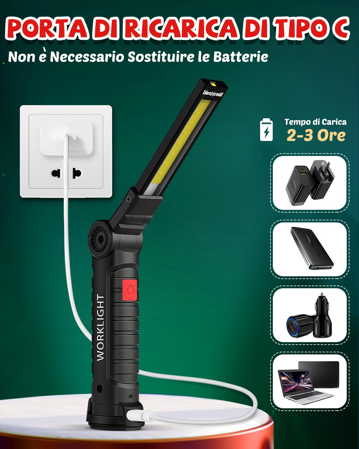 Coquimbo Regalo Uomo Torcia LED Lampada da Lavoro USB Ricaricabile COB Lampade di Ispezione Pieghevole con Base Magnetica e Gancio per Auto/Campeggio/Home e di Emergenza Uso (2 Pezzi)