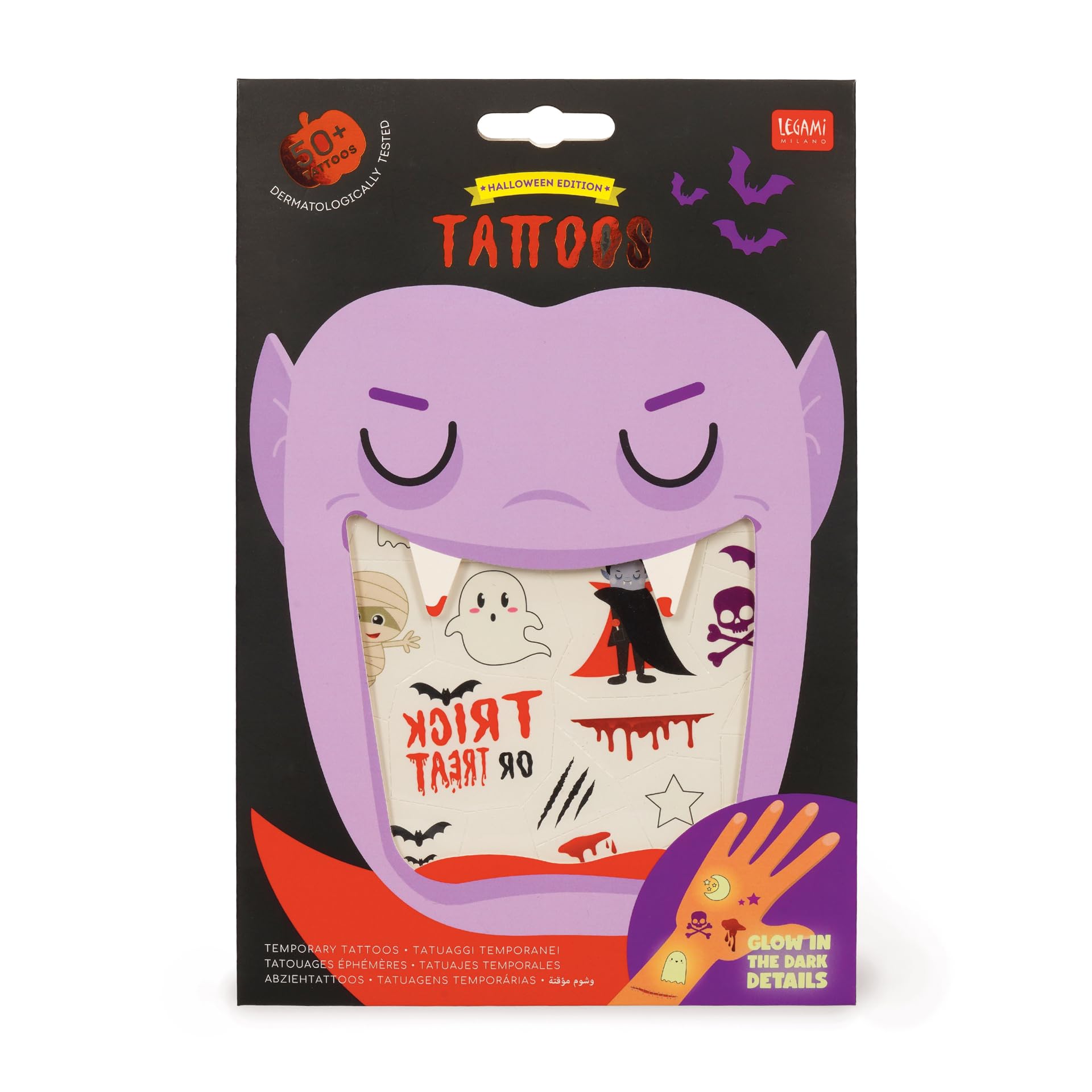 Legami - Temporary tattoos for children, Halloween theme, washable, sweat and waterproof, glow in the dark, easy to use, dermatologically tested