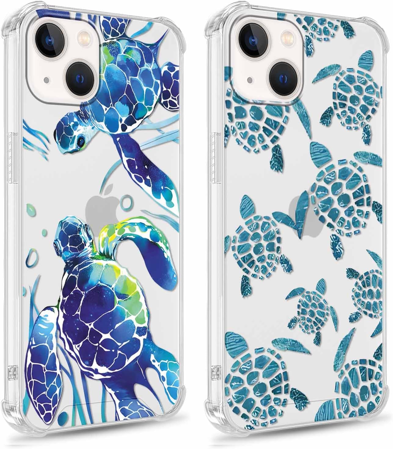 Foonary 2 Pack Clear Print Phone Case for iPhone 14/iPhone 13 6.1",Soft Silicone with Cute Turtle Design Aesthetics Transparent Pattern Cases,Shockproof Bumper Protector Cover Girls for iPhone 14