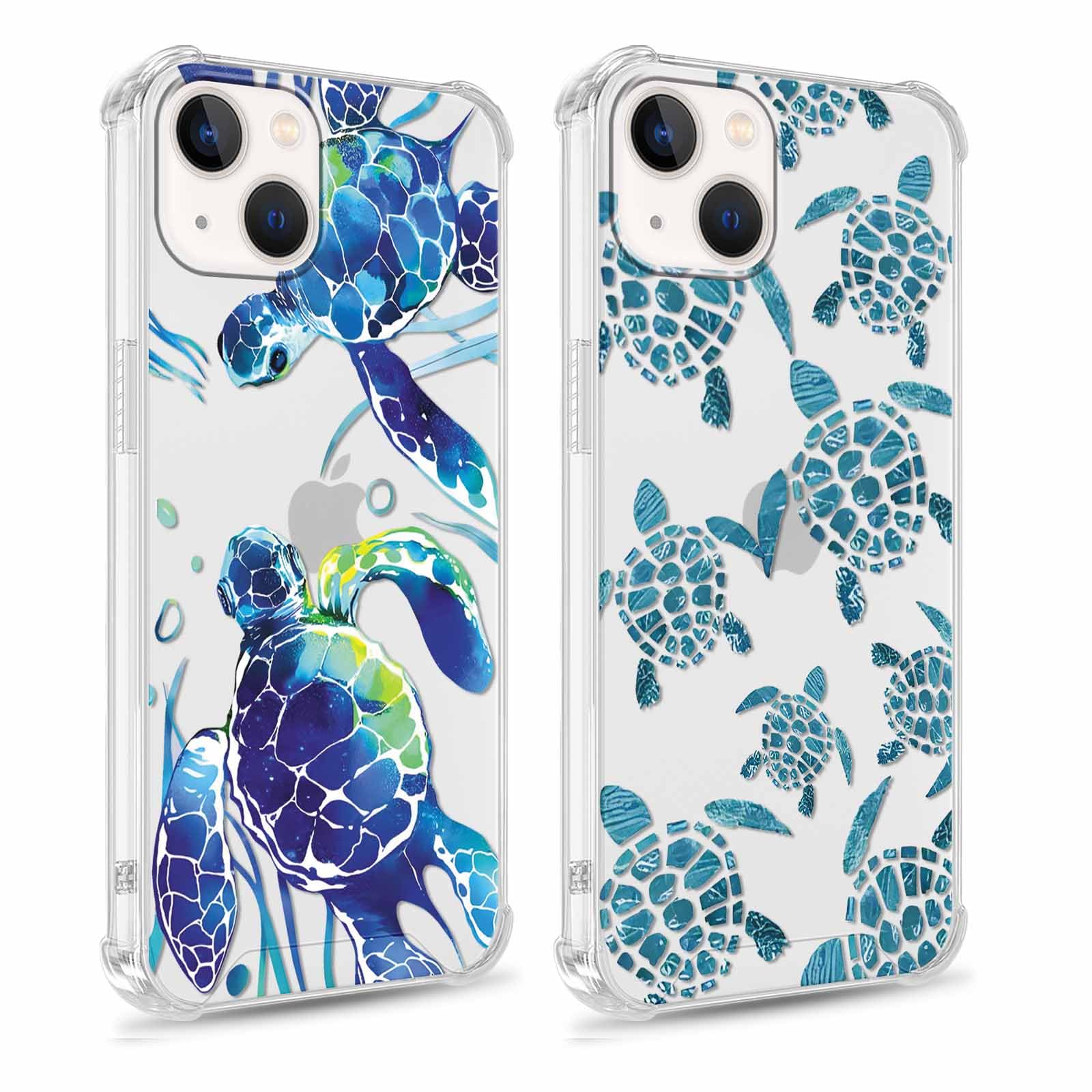 Foonary 2 Pack Clear Print Phone Case for iPhone 14/iPhone 13 6.1",Soft Silicone with Cute Turtle Design Aesthetics Transparent Pattern Cases,Shockproof Bumper Protector Cover Girls for iPhone 14
