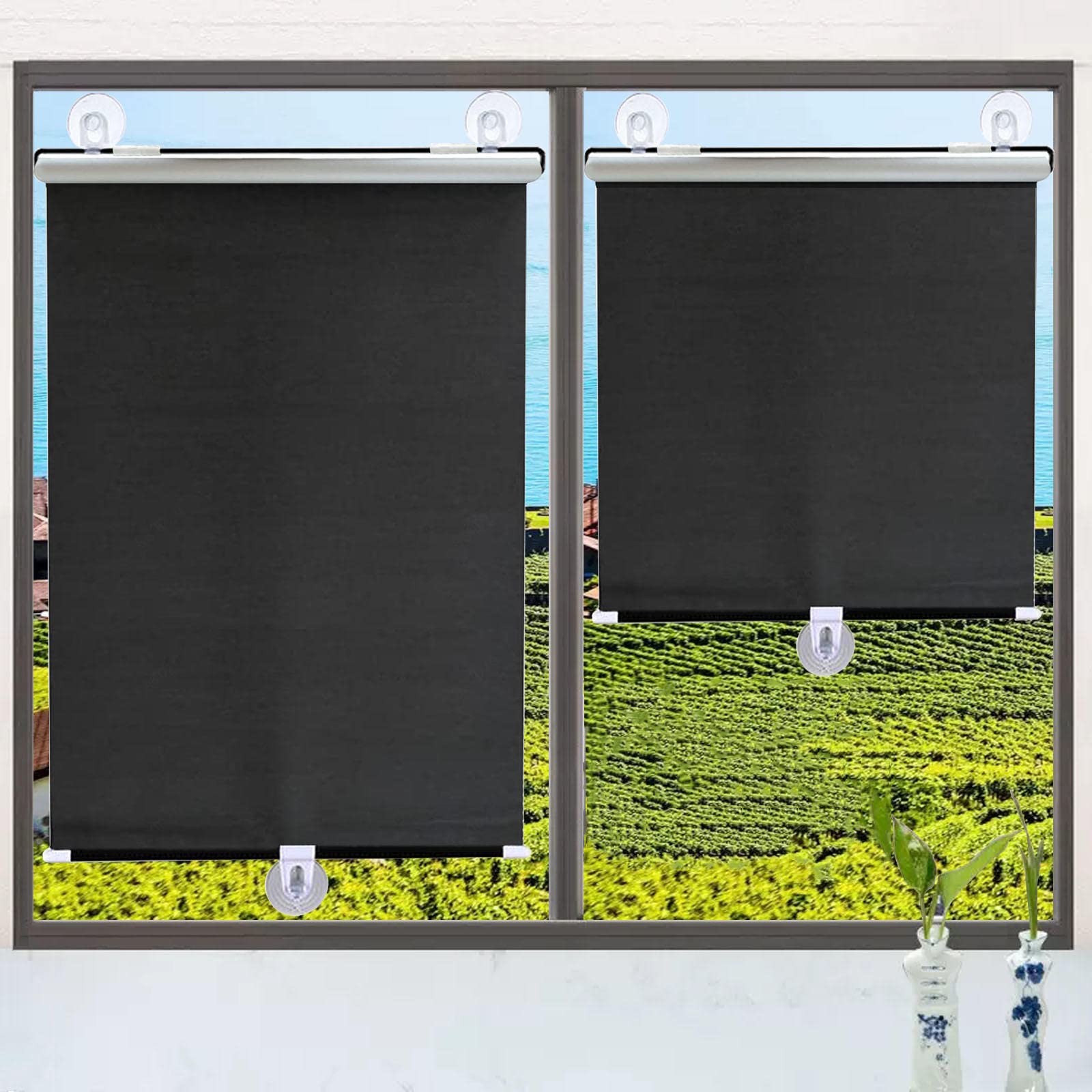 Suction cup roller blinds,no-drill roller blinds,portable balcony curtains,thermal insulation and sun protection,temporary blinds for windows and doors,many sizes,Black-65x125cm/25x49in