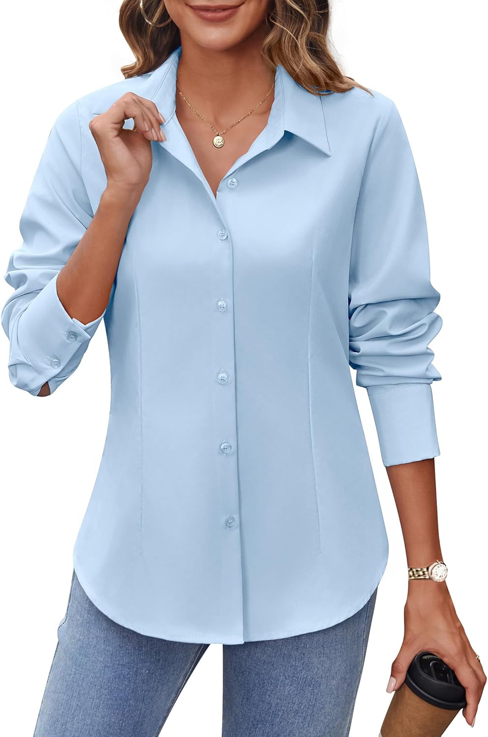 HOTOUCH Women’s Button Down Shirts Long Sleeve Dress Shirts Slim Fit Business Casual Collared Work Office Blouses Tops