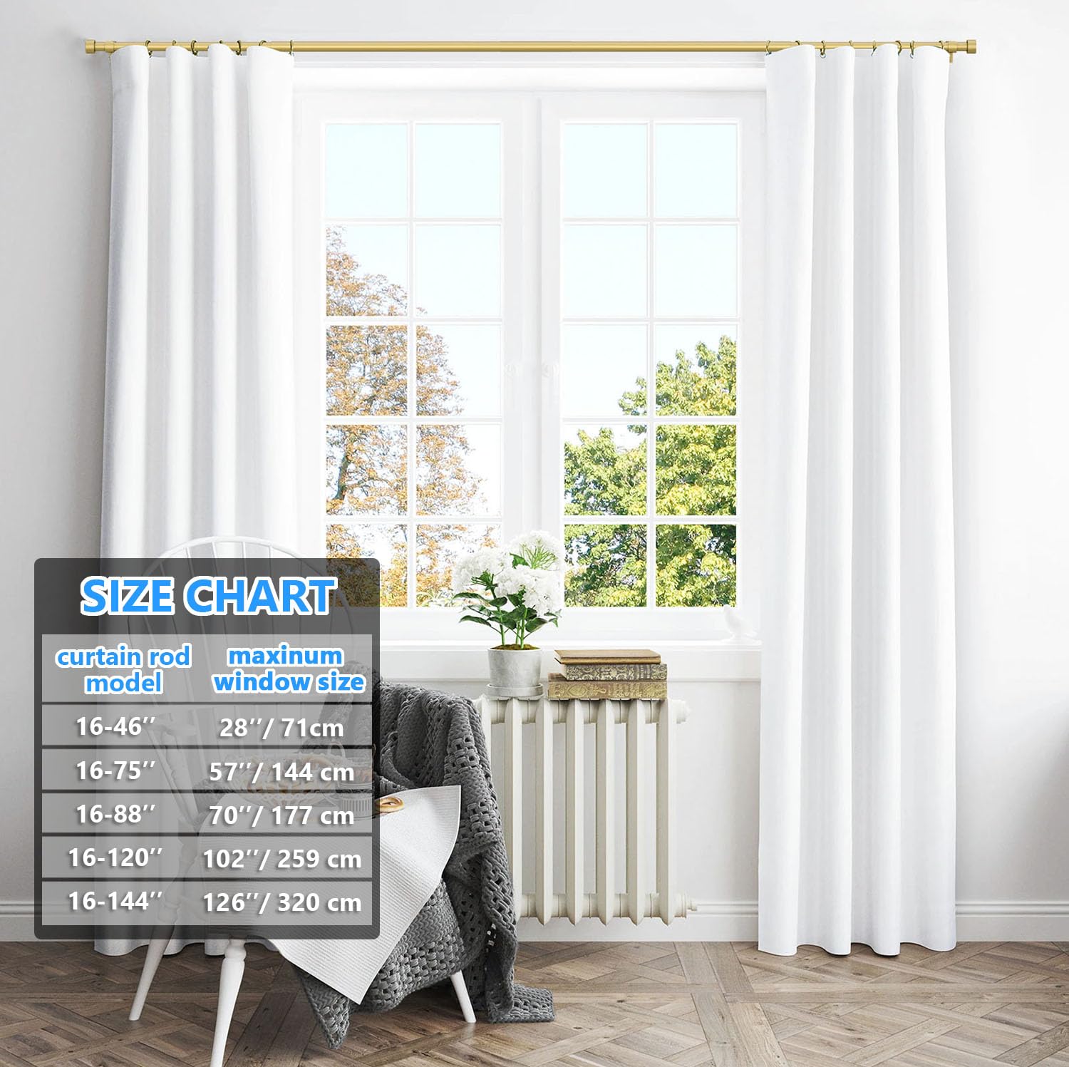 Adjustable Curtain Rods for Windows 16 to 75'', Cylindrical End Cap, 1-Inch-Diameter, Gold