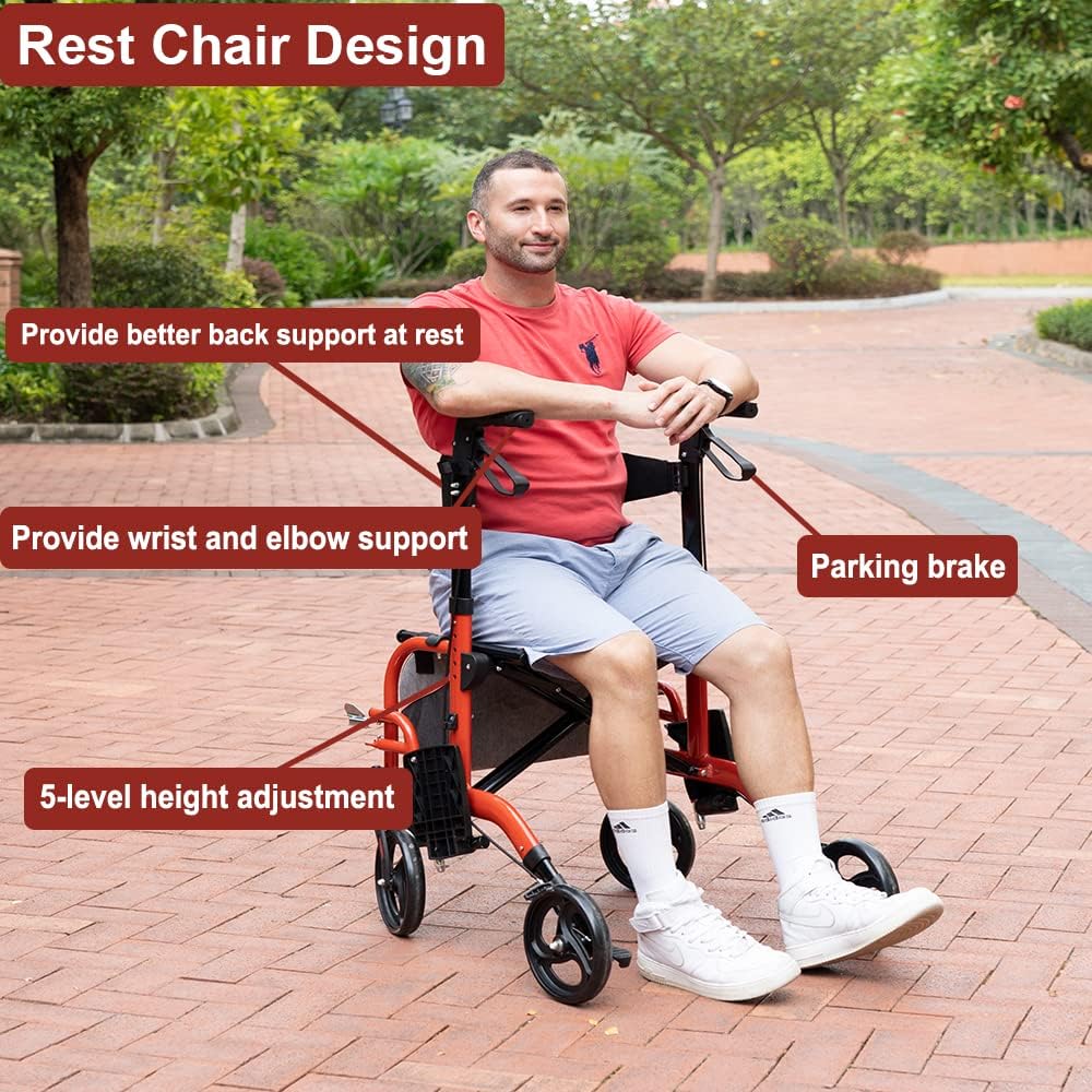 BlessReach Rolling Walkers for Seniors Four Wheel Walker Rollator Walker Easy Folding Senior Upright Walker with Padded Backrest Walking Aid for Adult Elderly, Aluminum Frame (2&1 Red) : Health & Household