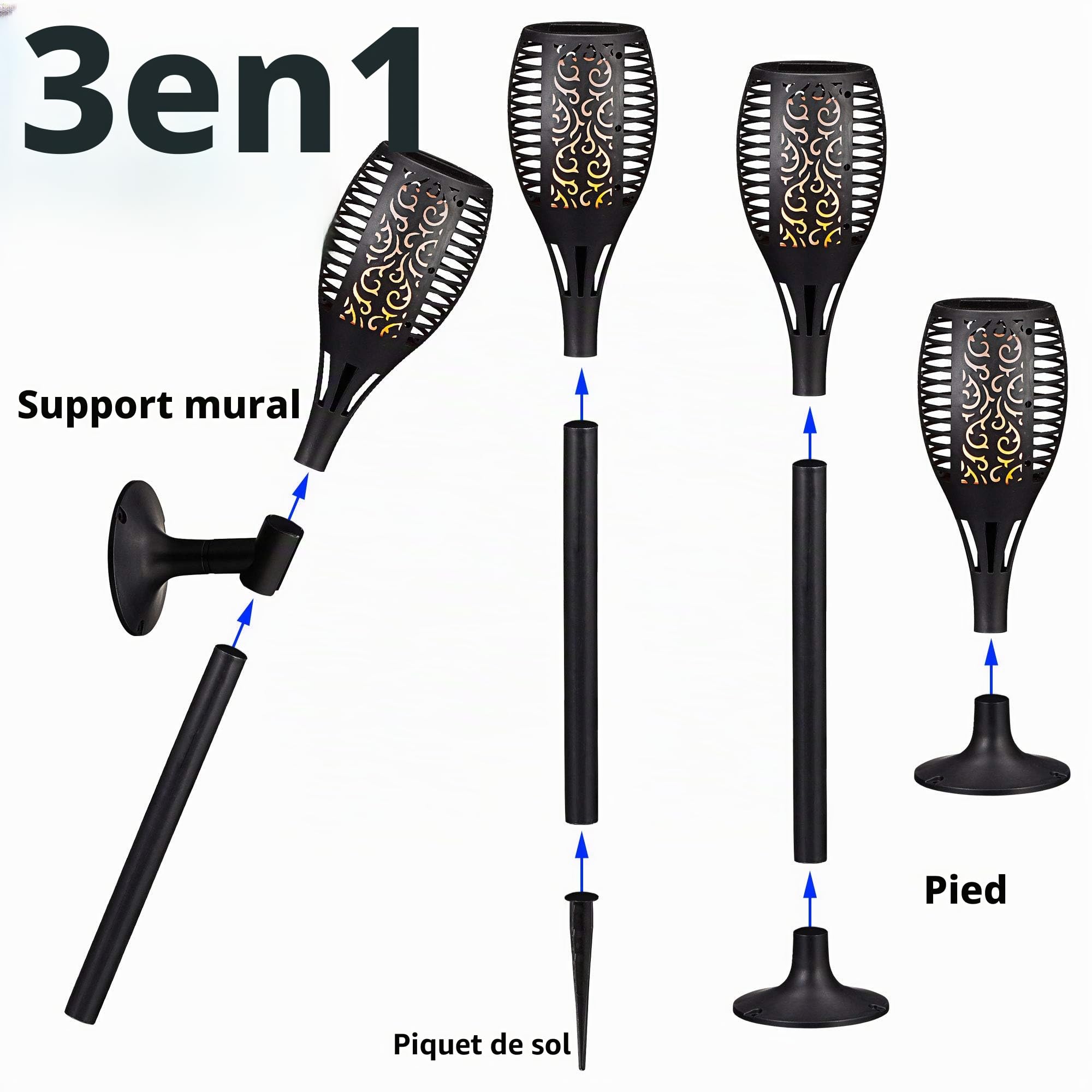 Lot de 12 torches solaires LED - Environ 58 cm - Support mural