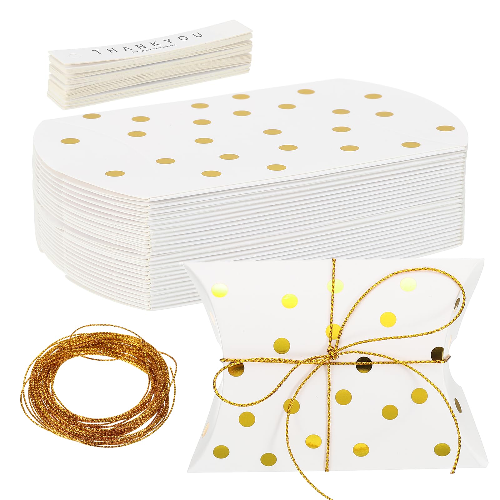 PATIKIL Pillow Gift Boxes, (3.62 x 2.56 x 0.98 Inch, Gold Foil Dot)(25Pcs), Mini Pillow Candy Box Creative Favor Box with Golden String Tag, Suit for - Bakery/Candy/Chocolate/Wedding