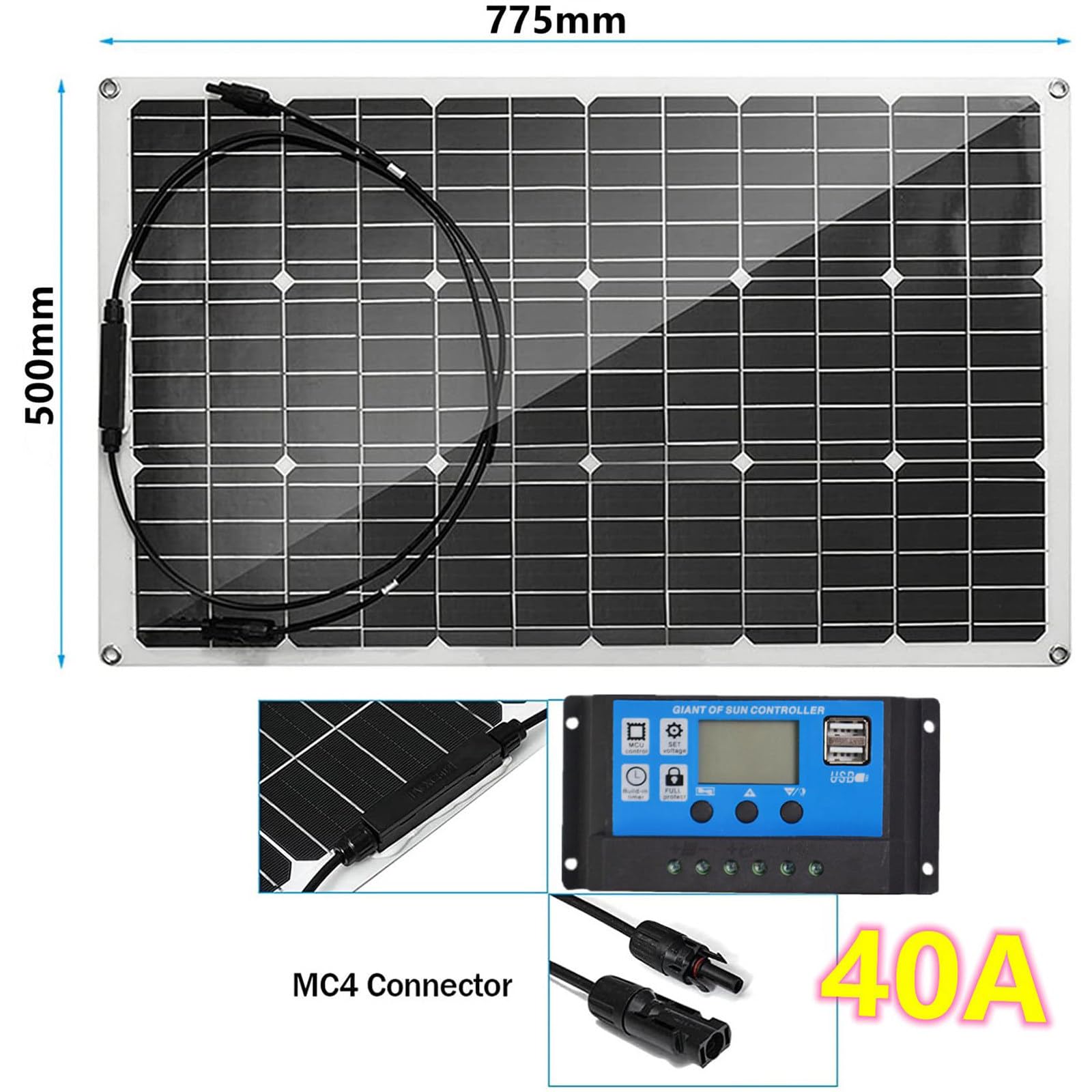 SNBGRYE Kit Pannello Solare 150W 300W 450W 600W, Pannello Solare Monocristallino, con Controller 40A, Caricabatteria Impermeabile 12V, per Tetto, Camper, Barca, Superfici Irregolari - 30°,150W