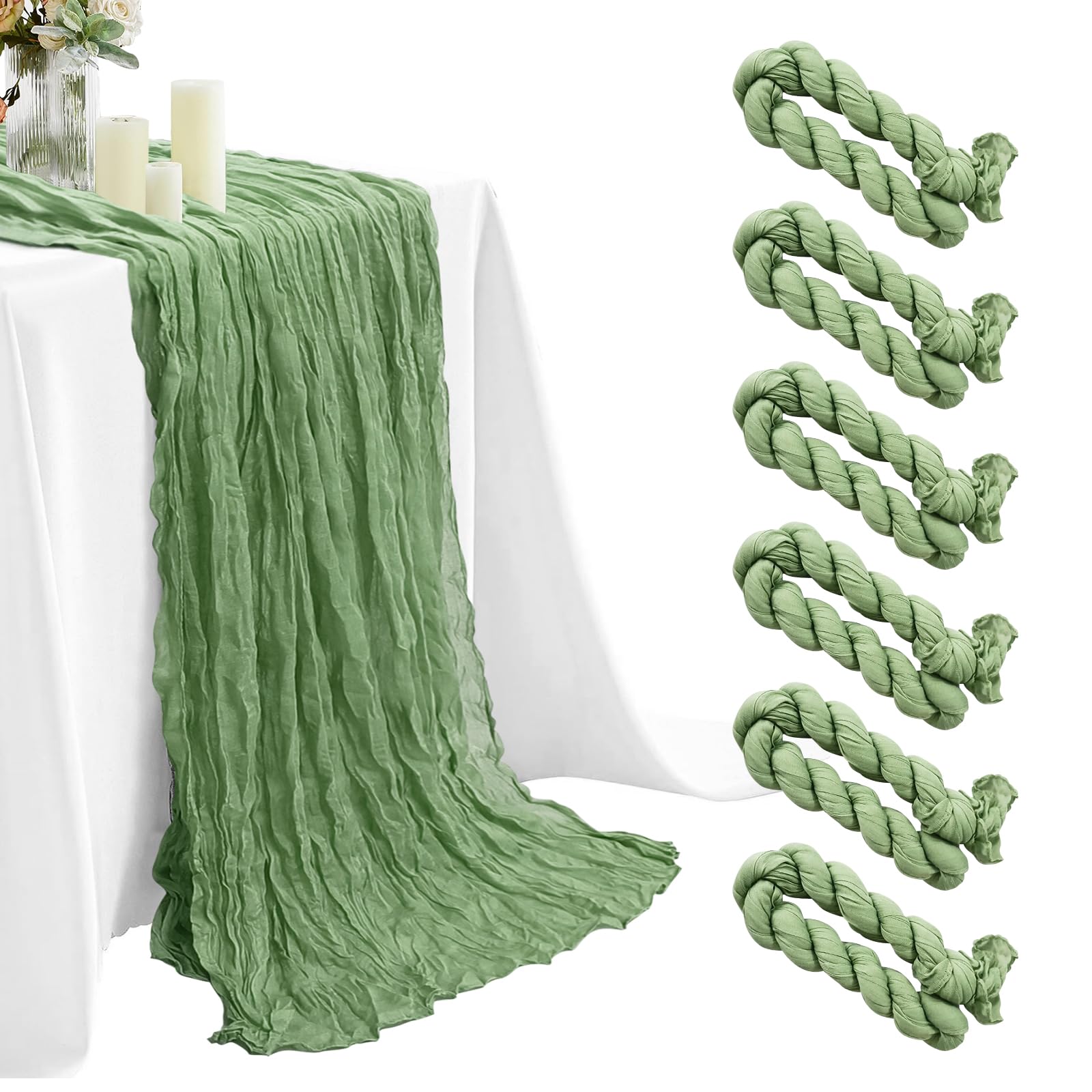 6pcs Gauze Cheesecloth Table Runner Sage Green, 10ft