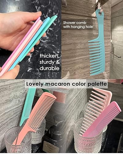 Miniatura 8 de Peines de pelo para mujeres y hombres, peine de dientes anchos grandes, dientes finos, peine de cola de rata, juego de peines para desenredar el