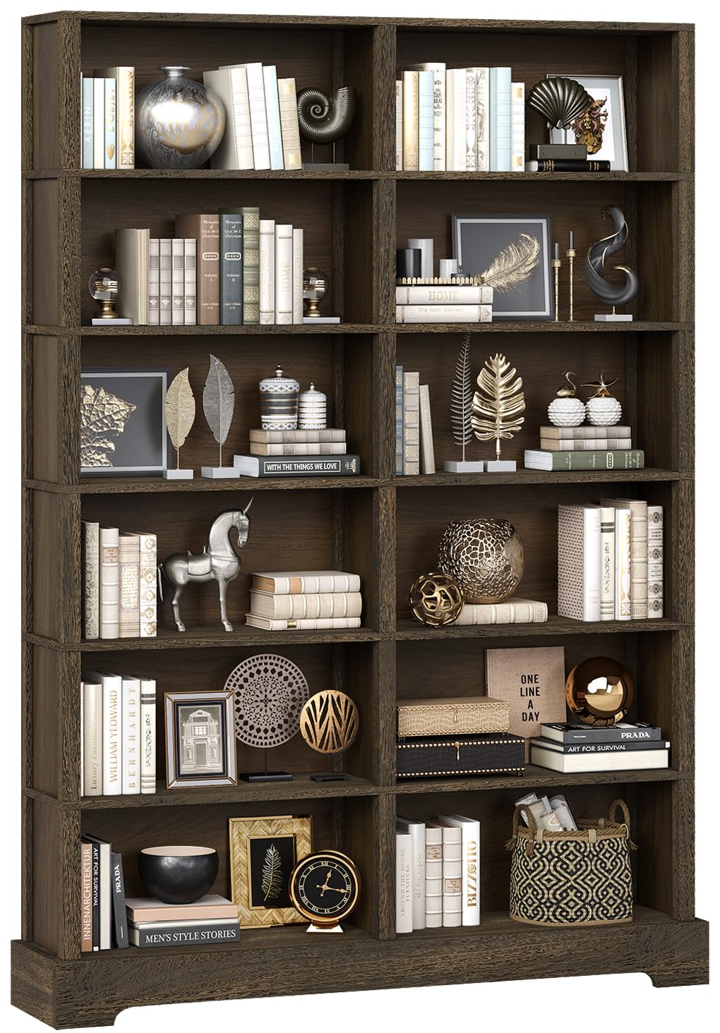 View 1 of [Partial Set] TVU 6-Tier Wood Book Shelf, 47" Wide Large Bookcase and Bookshelf, 76" Tall Bookcase with Storage, Freestanding Wood Display Book Shelves for Living Room, Home Office, Walnut
