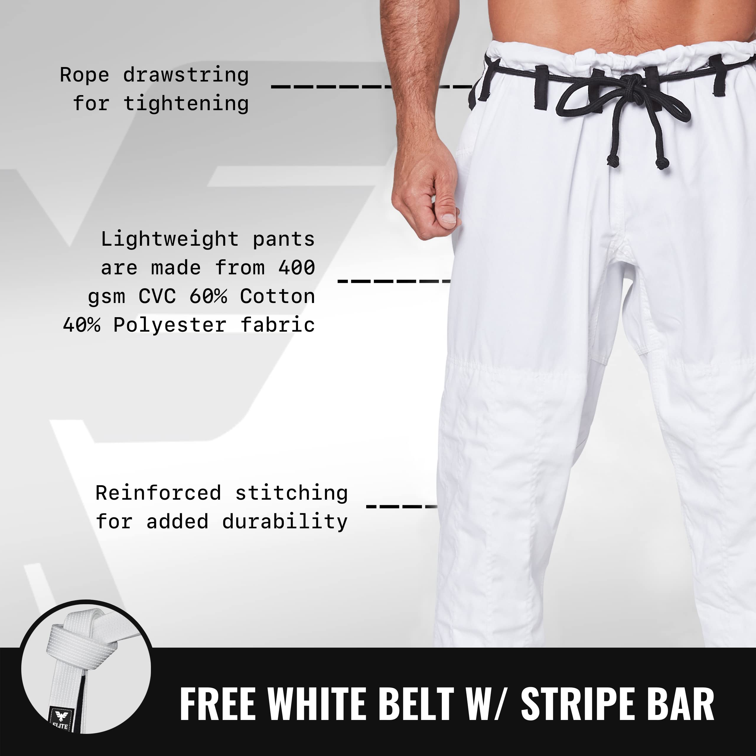 Elite Sports BJJ GI for Men - Brazilian Jiu Jitsu Gi - IBJJF Tournament Kimono - Lightweight Preshrunk Sweat Wicking Fabric - Machine Washable - Free White Belt - Advanced Sizing Chart - White- Size 3