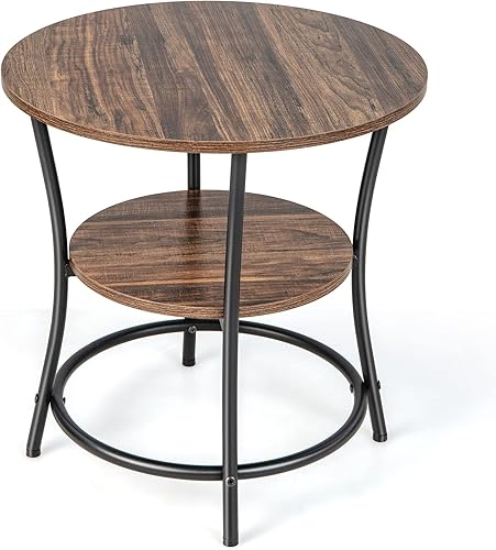 Giantex Mesa auxiliar redonda, mesa auxiliar industrial con 2 estantes de almacenamiento y marco de metal resistente, mesa de noche versátil para