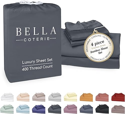 Bella Coterie - Juego de sábanas tamaño queen, viscosa de bambú, de cultivo orgánico, ultrasuaves, refrescantes para calurosos, esquinas tipo