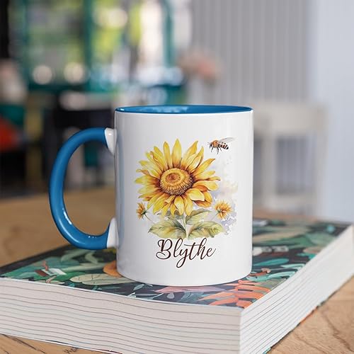 Miniatura 2 de Taza personalizada para amantes de los girasoles con nombre, regalos personalizados para amantes de las flores, taza de café de cerámica con