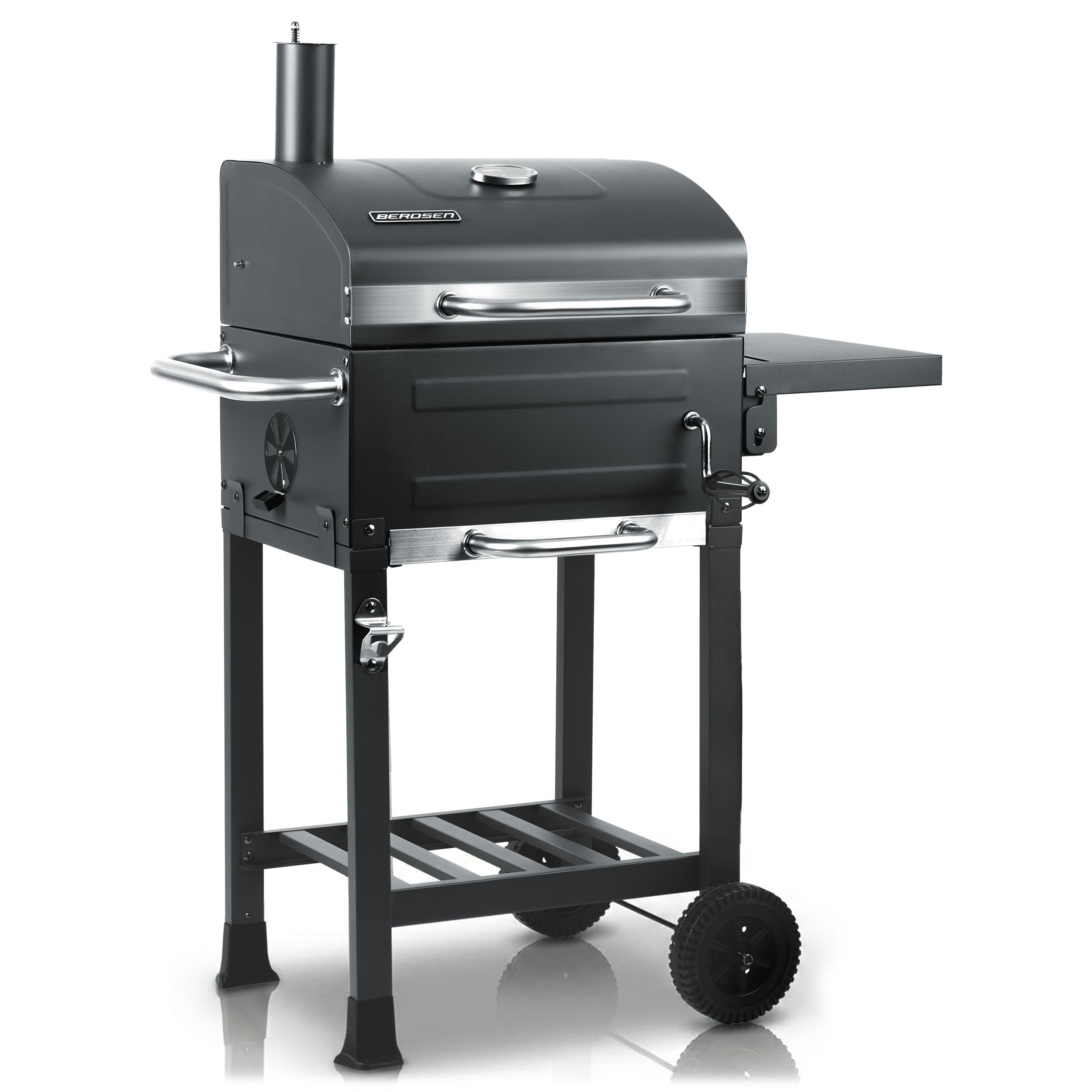 Berdsen BBQChef - Barbecue a carbonella con camino e griglia in ghisa, 40 x 31,5 cm, vassoio per carbone, termometro, portacenere e ripiano, griglia su ruote, antracite