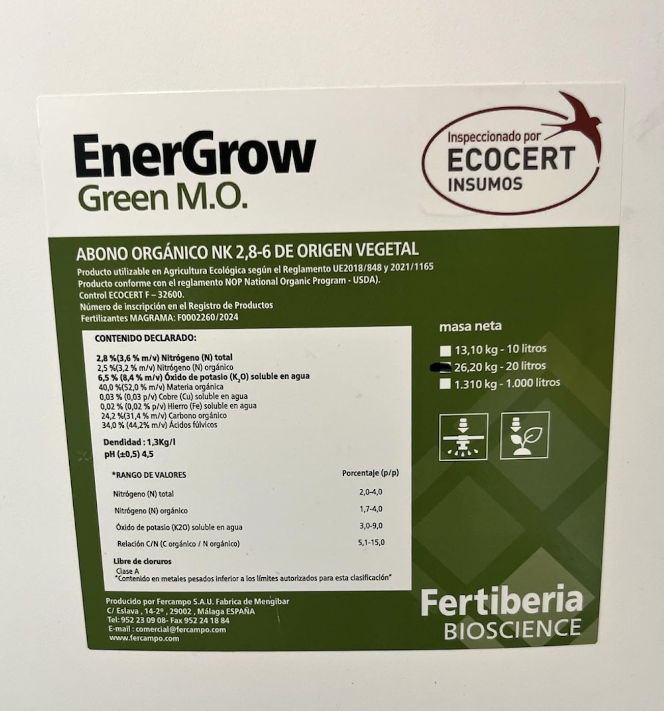 Abono líquido ecológico 20 L. Fertilizante a base de materia orgánica para riego. Energrow green mo.
