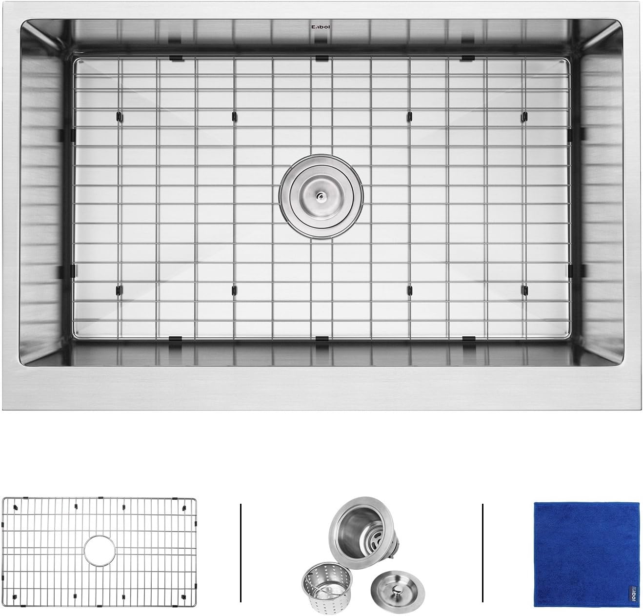 Enbol AS3320 33 Inch Flat Apron Front Handmade Farmhouse Single Bowl Stainless Steel Kitchen Sink with Protective Bottom Grid and Strainer, 10 Inch Extra Deep, Easy Clean Rounded Corner