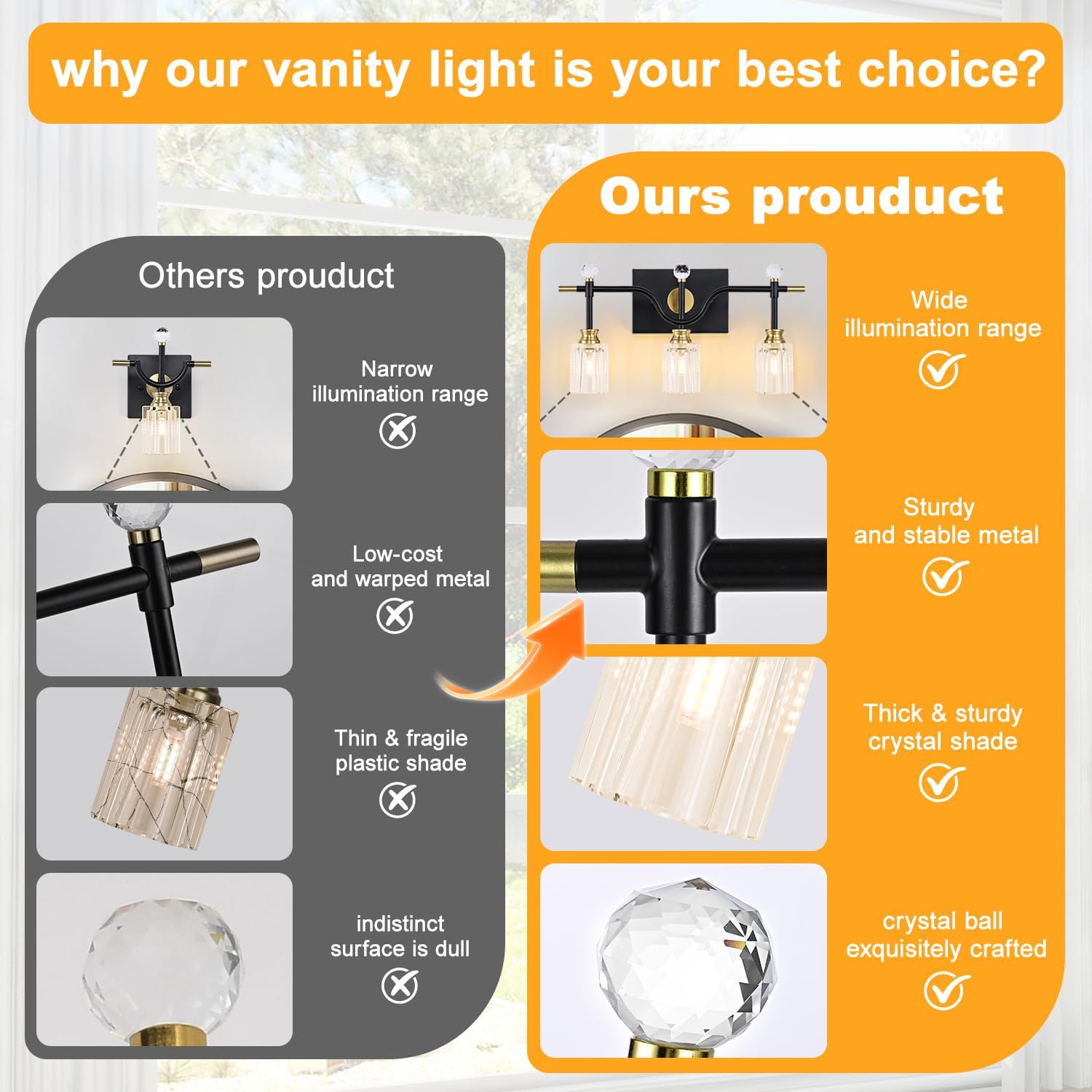 Modern Crystal Bathroom Vanity Light 3-Light U Shape Wall Light Fixtures Over Mirror Black and Gold Vanity Lighting for Bathroom Living Room Bedroom G9 Base (Exclude Bulb)