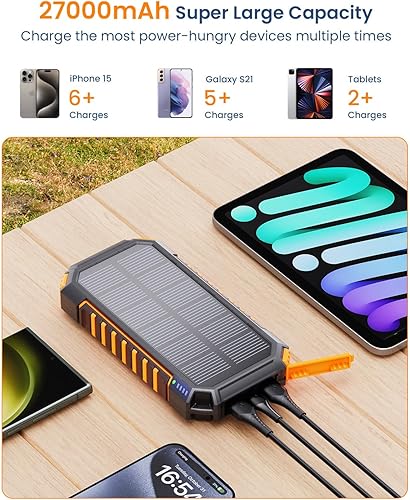 Miniatura 3 de Hiluckey 27000mA Power Bank Cargador solar h Construido en 3 Cables Cinco Salidas 15W Banco de energía de carga rápida para todos los dispositivos