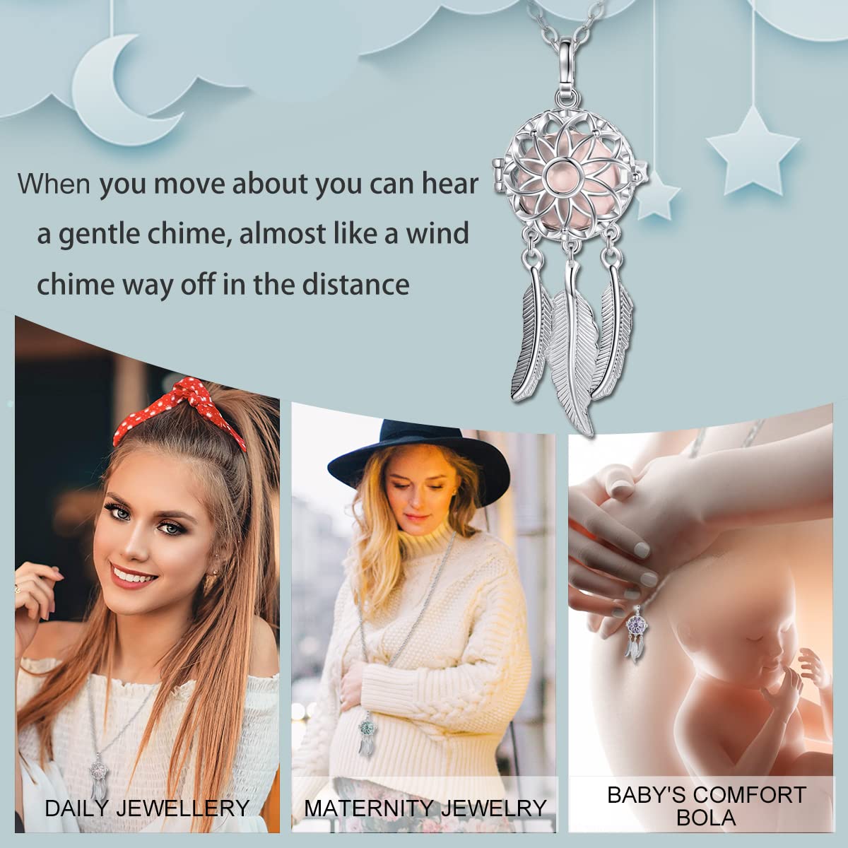 Collana Chiama Angeli Gravidanza con Cacciatore di Sogni Collana Ciondolo di Carillon Musicale per Donna, Regalo di Gioielli, Catena da 76 cm e 114 cm
