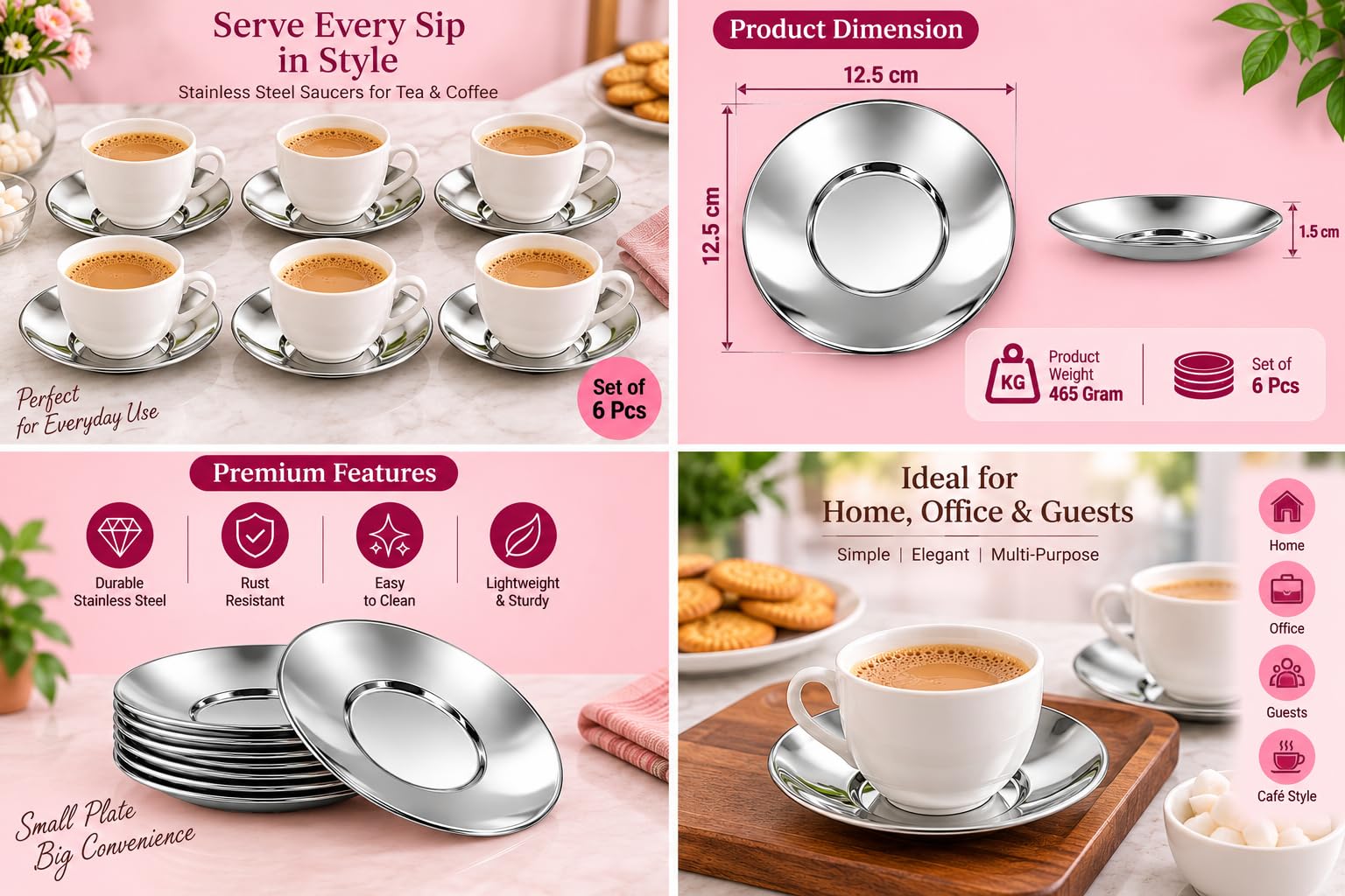 Stainless Steel Tea Coffee Saucers - 6 Pack -3