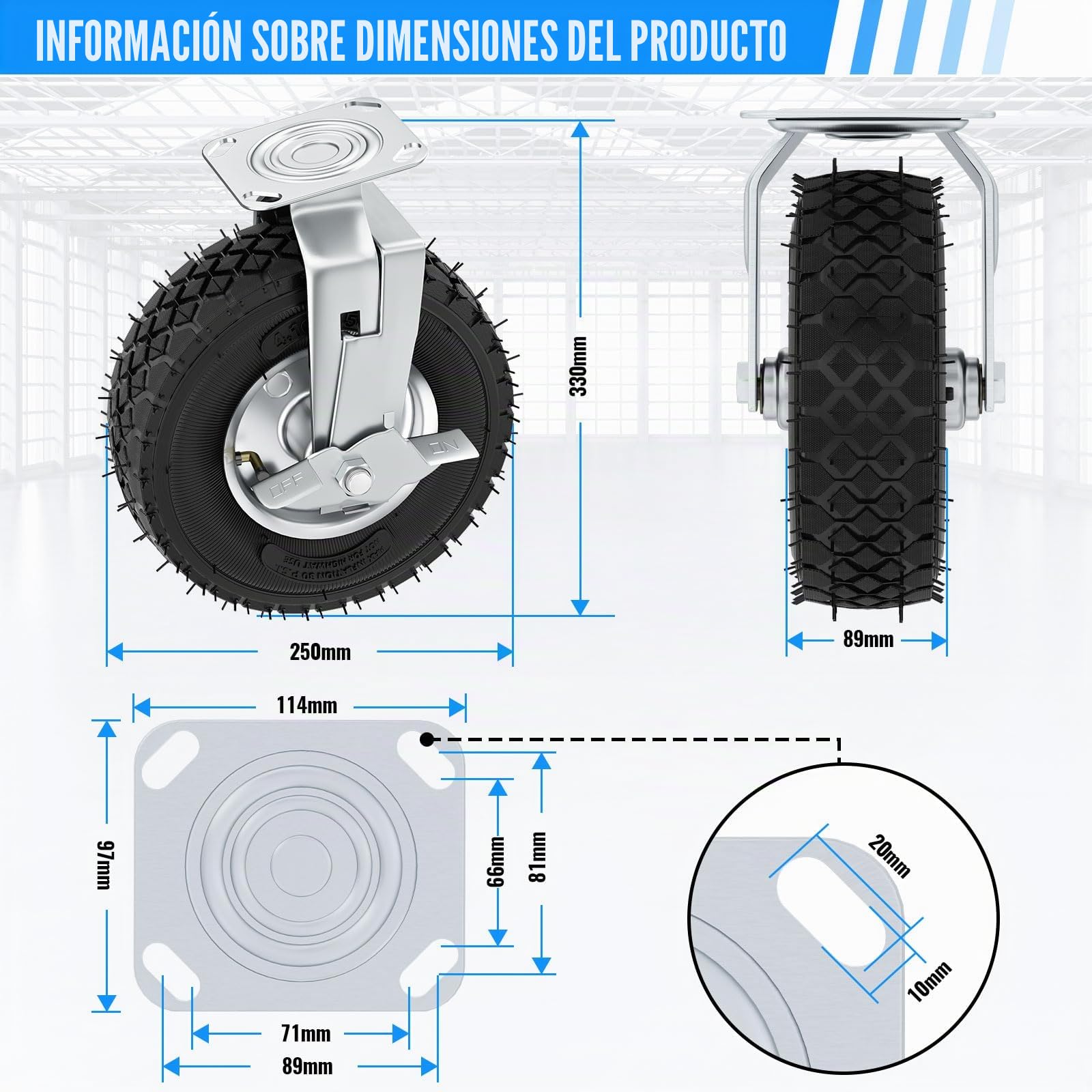 4Pcs Ruedas Industriales Ø250mm - 2 Giratorias + 2 Giratorias con Frenos - Carga 250kg - Ruedas Pesados Para Muebles, Carros y Uso Industrial