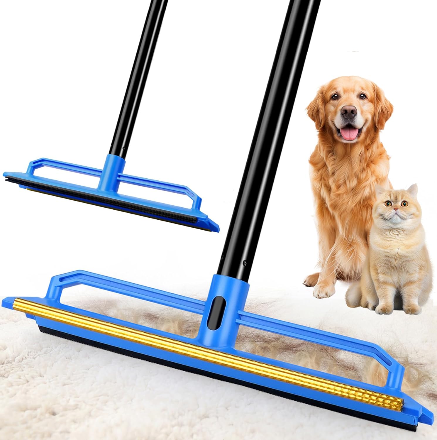 Carpet Rake for Pet Hair Removal Tool,2 in 1 Carpet Scraper Fur Sweep Dog Cat Hair Remover with 60″ Long Handle for Carpets, Rugs, Couch,Sofa, Furniture,Blue