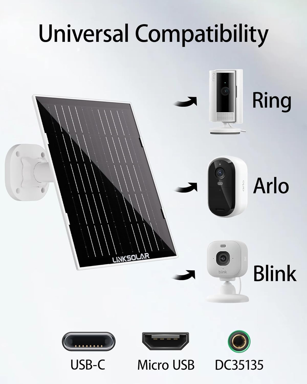 Dual 5W Solar Panels for Ring Camera Doorbell, All-in-1 Glass Solar Charger for Outdoor Stick Up Battery Home Security Camera, Micro USB/DC/USB-C Port, 9.8ft Cable, 360°Adjustable Bracket