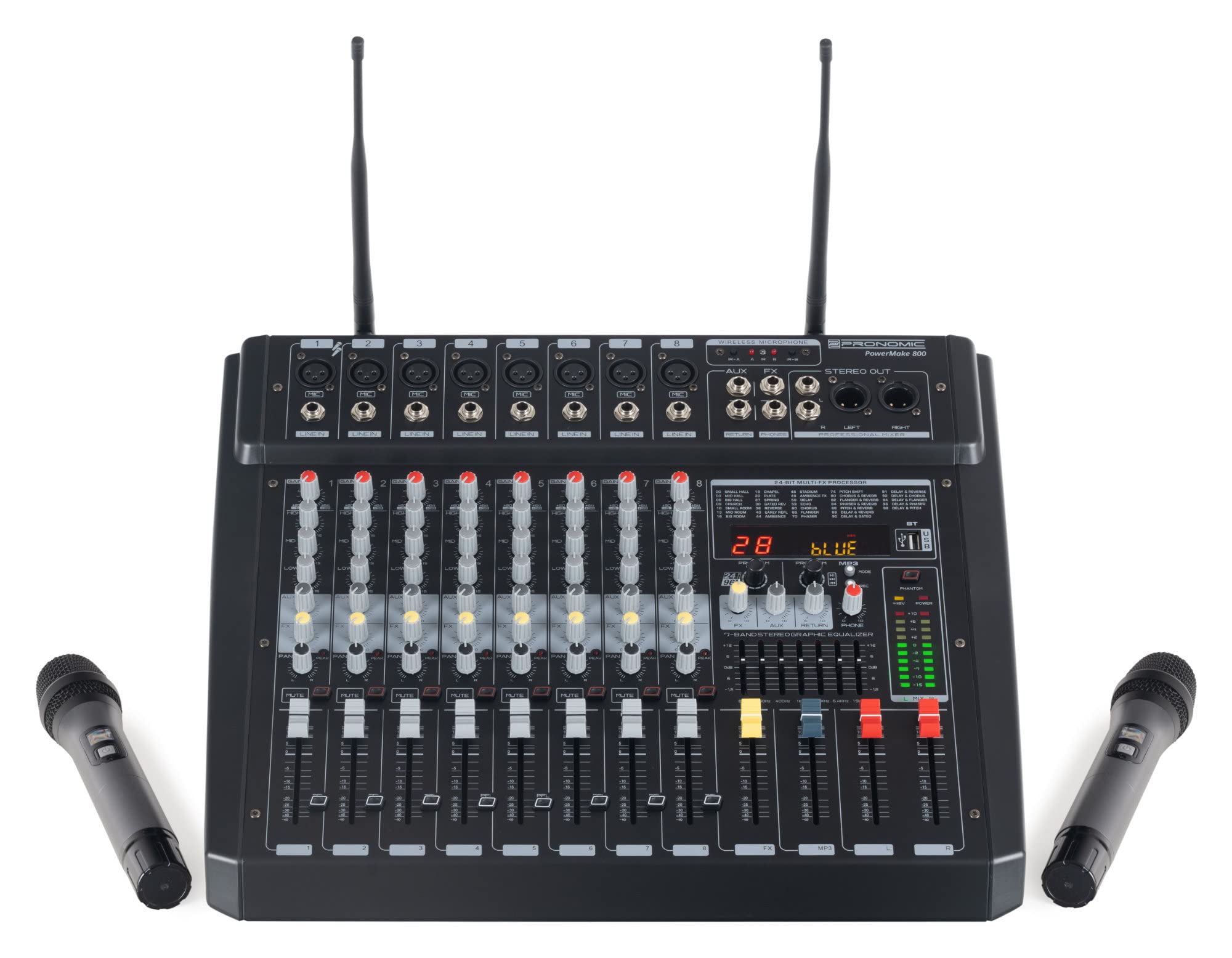 Pronomic Powermake 800 Powermischer - 8-Kanal-Mischpult - 2 UHF-Funkmikrofone - 760 Watt RMS-Leistung - 24Bit Multi-Effekt-Prozessor - Bluetooth®/USB-Player/Recorder - Grafischer Equalizer - Schwarz