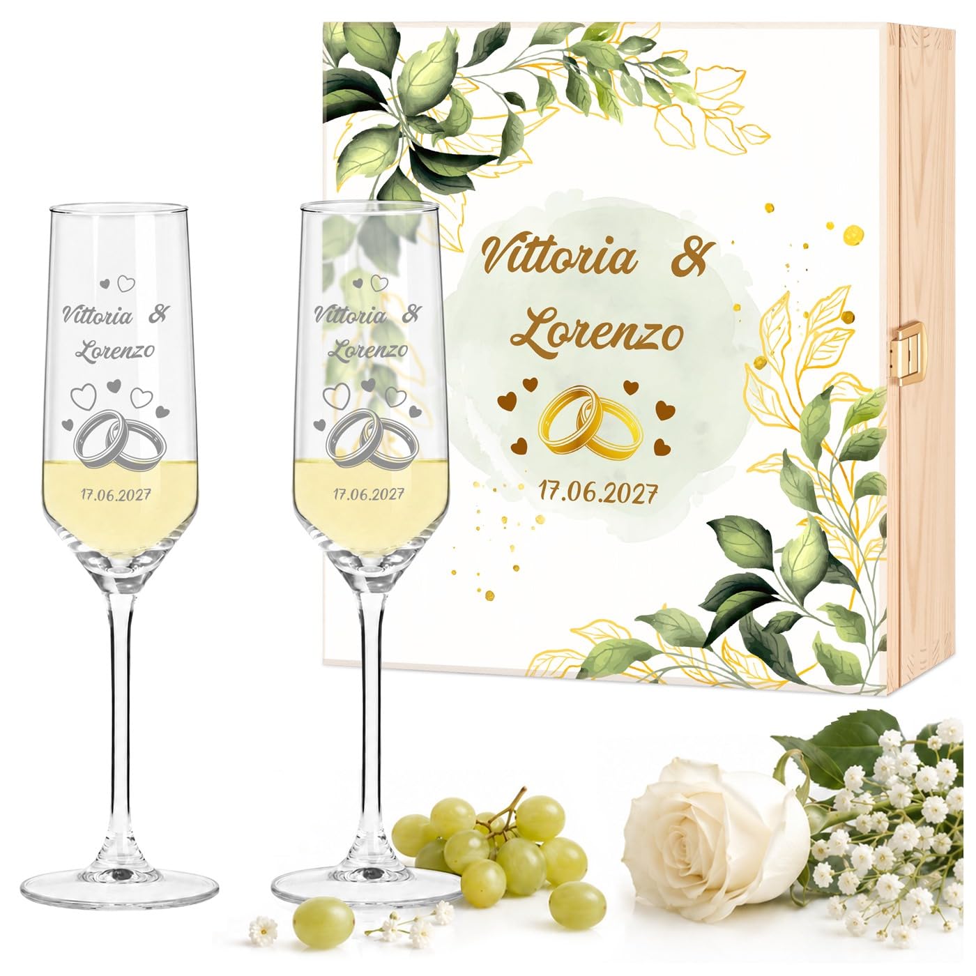 Maverton Calici Champagne in Scatola di Legno Personalizzata