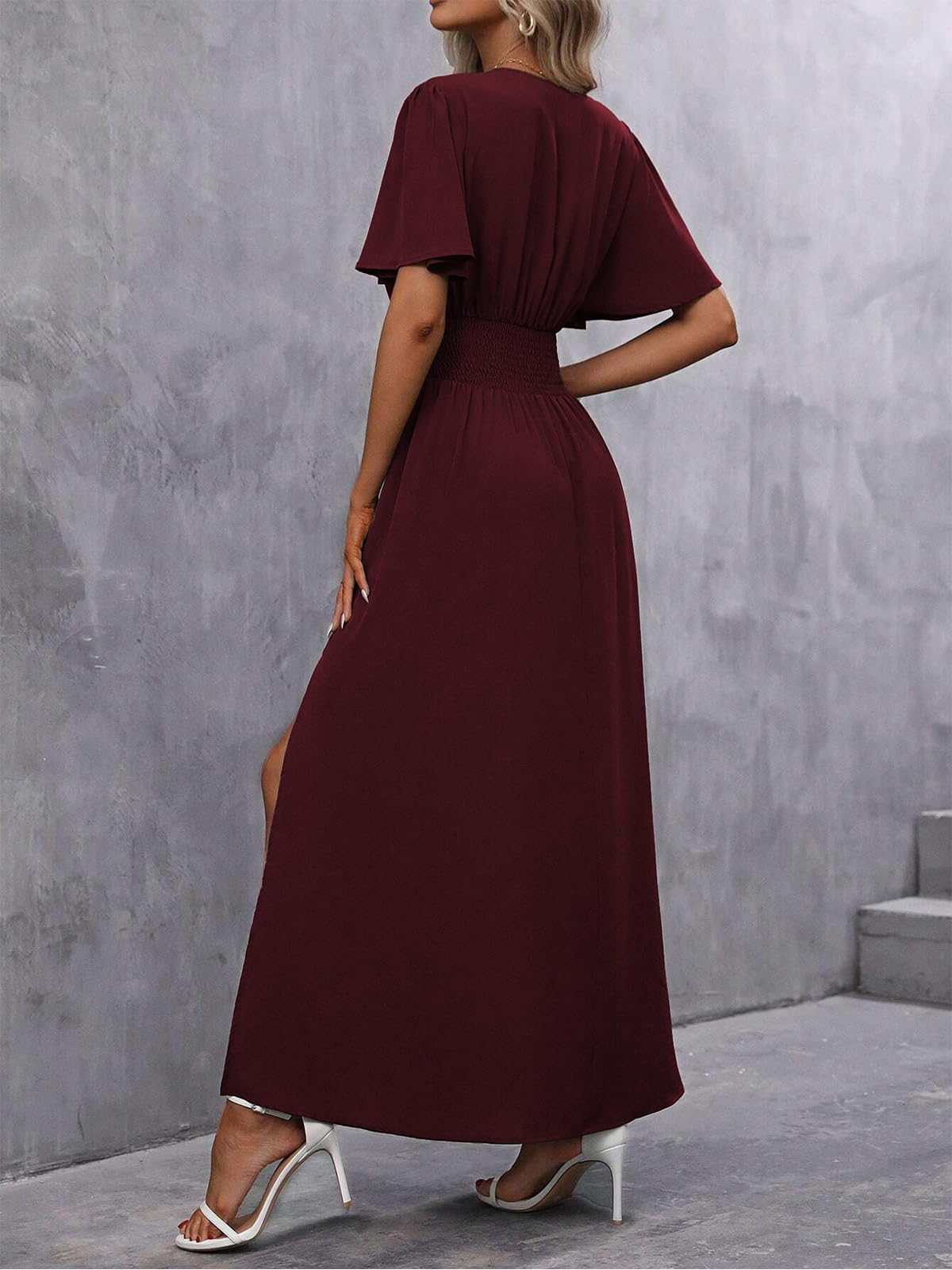 Abito Estivo da Donna Elegante Scollo a V Plissettato Vita Alta Abito Lungo con 2 Side Spaccato Causal Manica a Farfalla Vestiti Estate Abiti