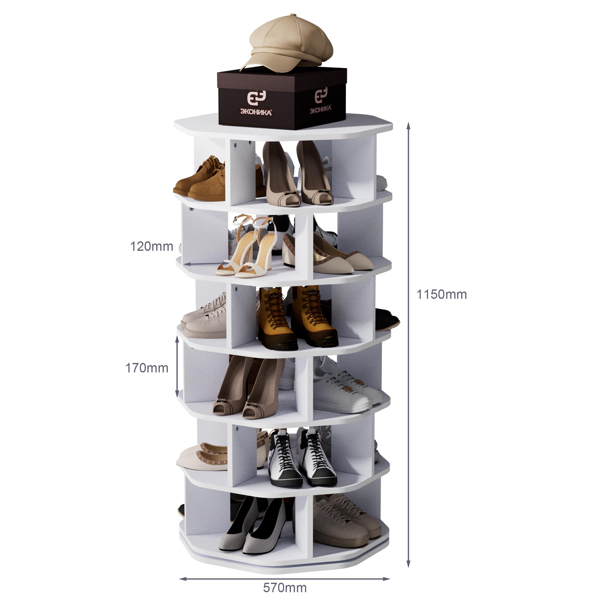 uyoyous 360° Schuhregal 6 Etagen 24 Paar Schuhe Achteckig Weiß Platzsparend | 360° drehbar, platzsparendes achteckiges Design für Flur, Eingang, Wohnzimmer, Schlafzimmer, stabil & langlebig, weiß