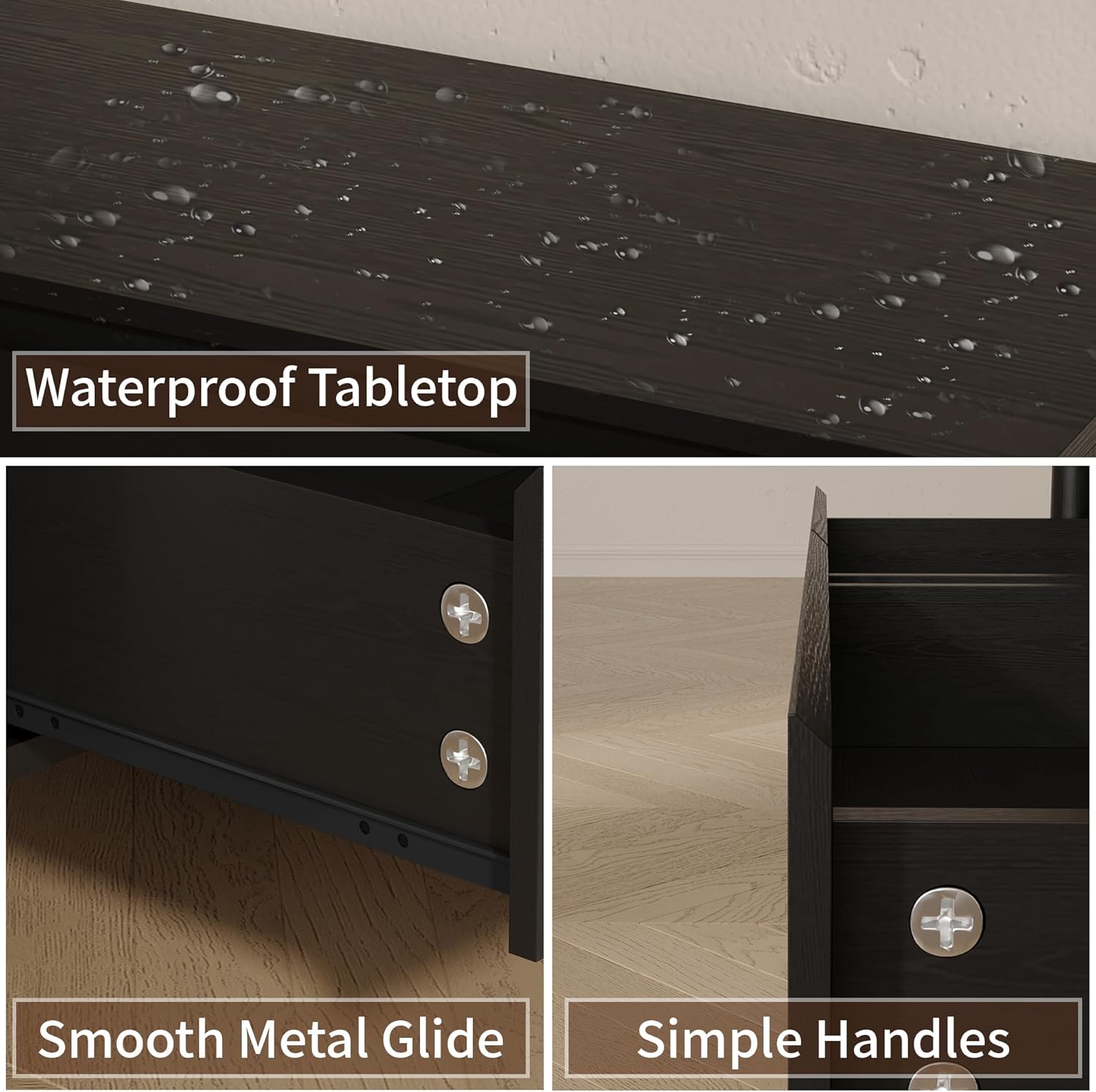 Close-up details of the dresser: waterproof tabletop, smooth metal glides, and hidden handles