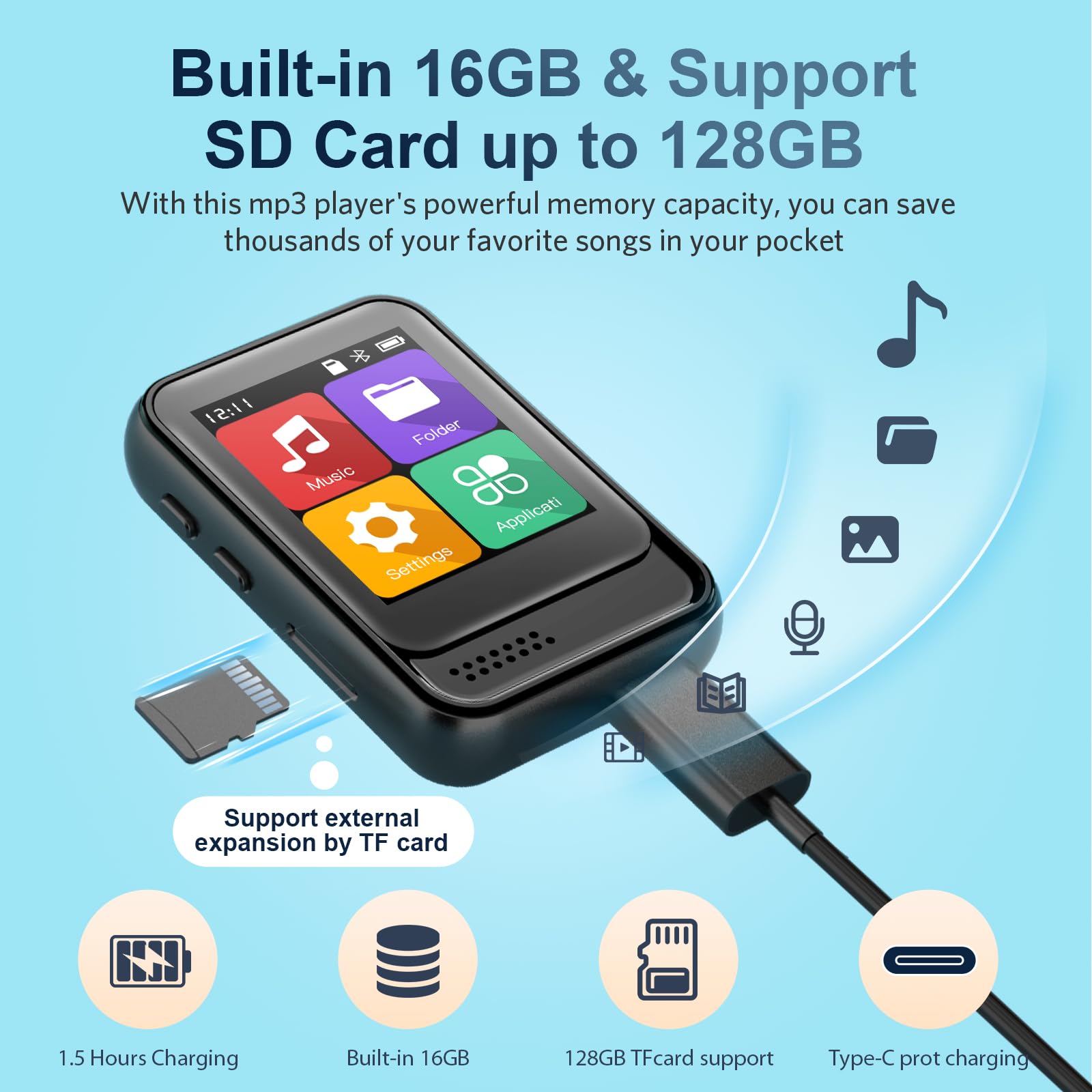 Lettore MP3 Bluetooth, lettore musicale portatile con memoria interna da 16 GB, supporto radio FM, registrazione vocale, eBook, lettore MP3, per bambini