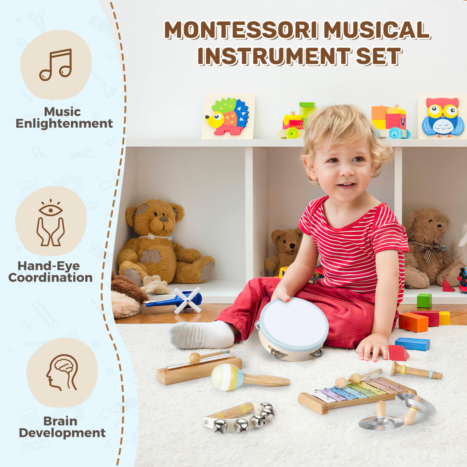 POGOLAB Instruments de musique pour enfants, 8 instruments de musique en bois Montessori pour bébé avec xylophone/tambourin/maracas, instruments de percussion pour enfants de 3, 4, 5, 6 ans