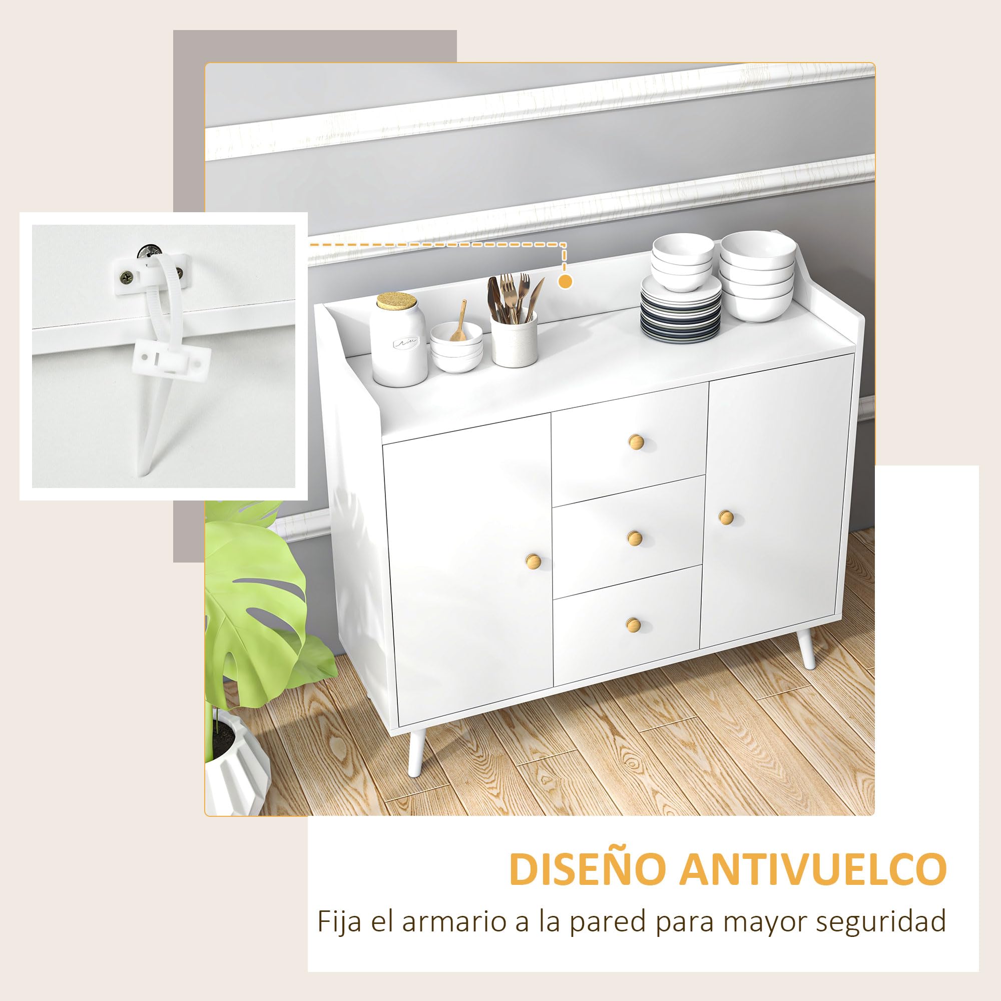 HOMCOM Aparador de Salón Moderno, Aparador de Cocina 90x32x80 cm Blanco | 2 Puertas, 3 Cajones, Patas de Madera de Pino, para Entrada Comedor Pasillo Dormitorio