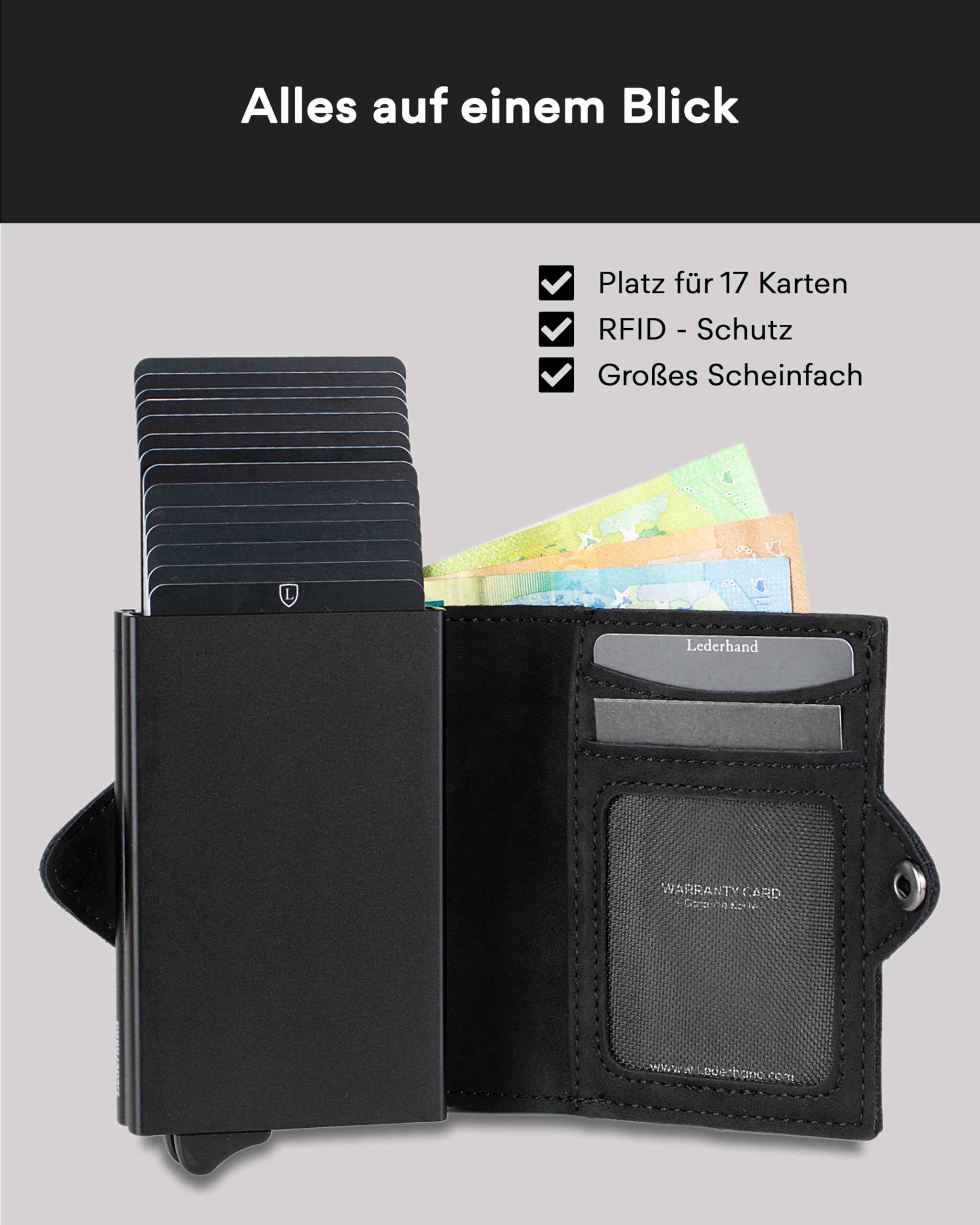 Lederhand® Swipe Vintage XL – Premium Wildleder Geldbörse handgemacht für Herren und Damen Portemonnaie Aluminium Kartenhalter mit Münzfach und Platz für 17 Karten mit RFID NFC Schutz | Schwarz