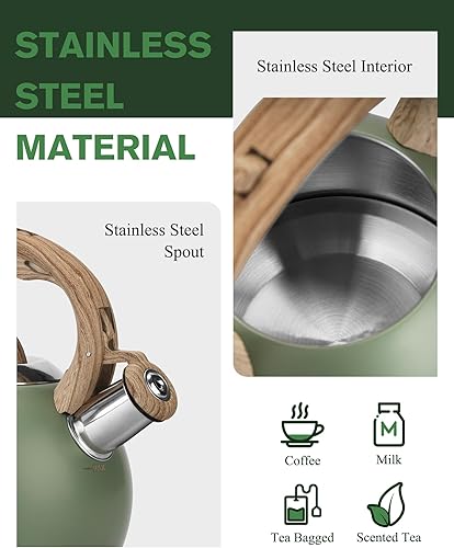 Miniatura 6 de Tetera de 2.1 cuartos de galón, tetera silbante con mango plegable de acero inoxidable de grado alimenticio y patrón de madera, apta para todas las