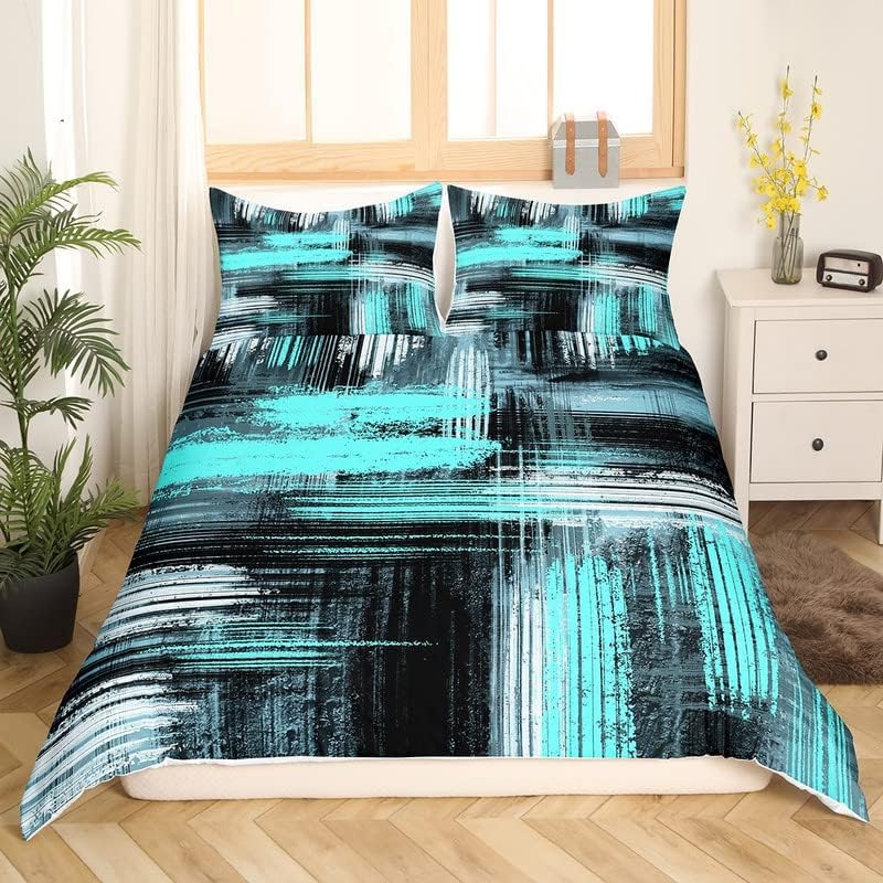 Miniatura 3 de Feelyou Juego de funda de edredón azul negro y gris, diseño geométrico artístico, arte de graffiti abstracto, funda de edredón contemporánea y