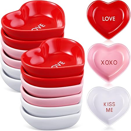 Hushee 12 Pcs Valentine's Day Heart Shaped Bowl Ceramic Candy Dish Multipurpose Salad Appetizer Dipping Sauce Heart Plates for Anniversary Wedding Party(Love,Red, White, Pink)
