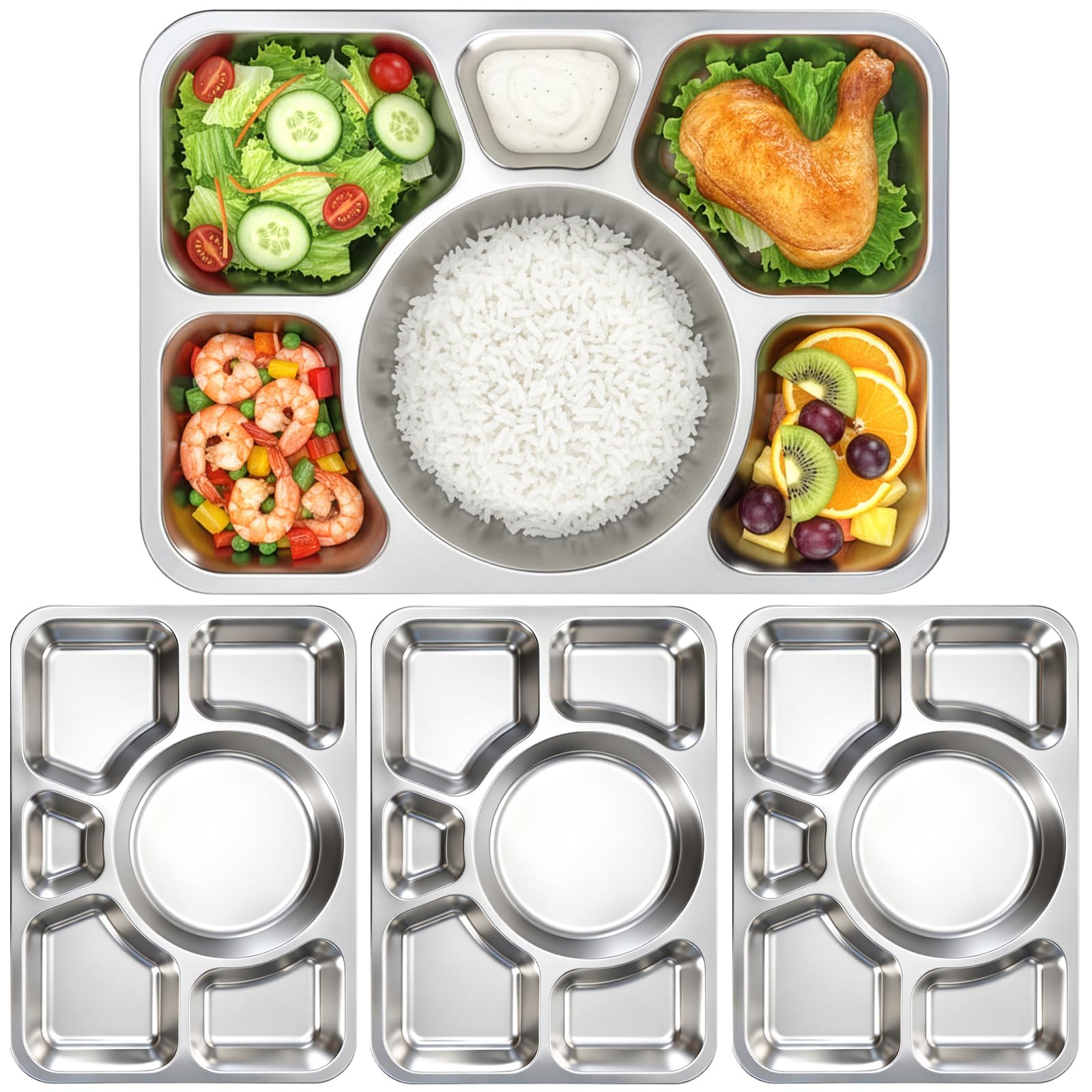 Hacaroa 4 Stück Edelstahl Geteilt Abendessen Teller, 38 x 27 cm Snack Servierplatte mit 6 Fach, Metall Lebensmittel Tabletts für Kinder, Erwachsene, Camping, Diät Portion Control
