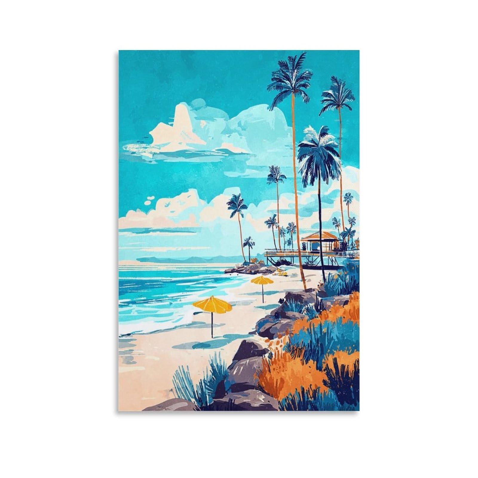 Ocean Beach Posters 20x30inch(50x75cm) Vintage Watercolor Canvas Art
