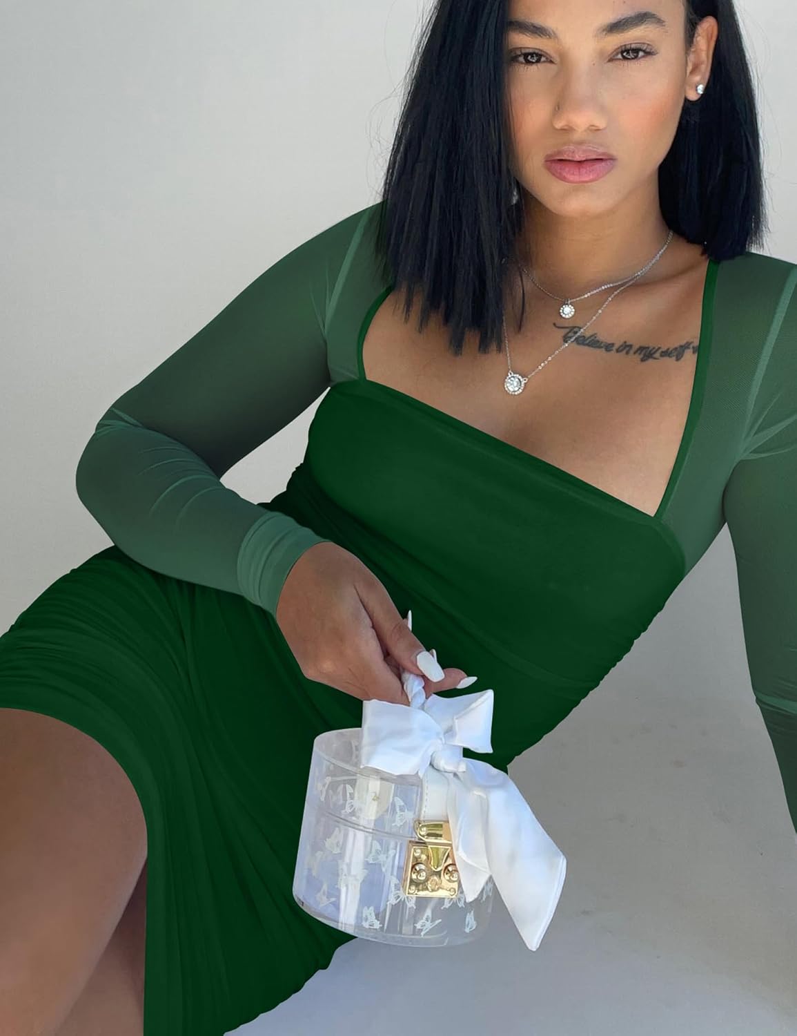 Mizoci Women's Sexy Mesh Long Sleeve Mini Party Dress Bodycon Ruched Short Club Dresses - Image 5