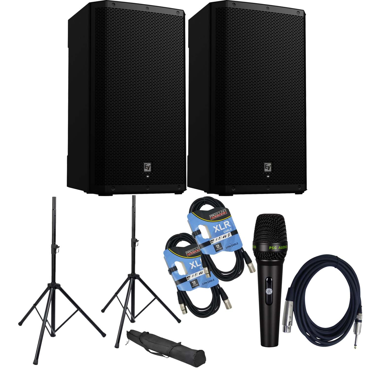 (2) Electro-Voice ZLX-15P-G2 15? 1000W Powered Speaker, (2) Speaker Stands, (2) XLR Cable, PSG Audio C350 Bundle